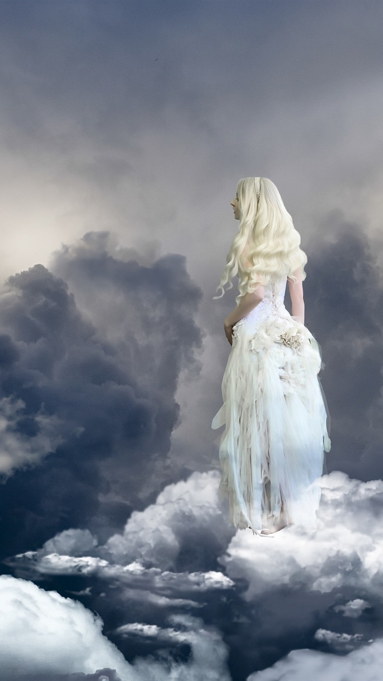 Blonde Girl, Angel, Sky, Clouds, Birds, Paradise 750x1334 IPhone 8 7 6 6S Wallpaper, Background, Picture, Image