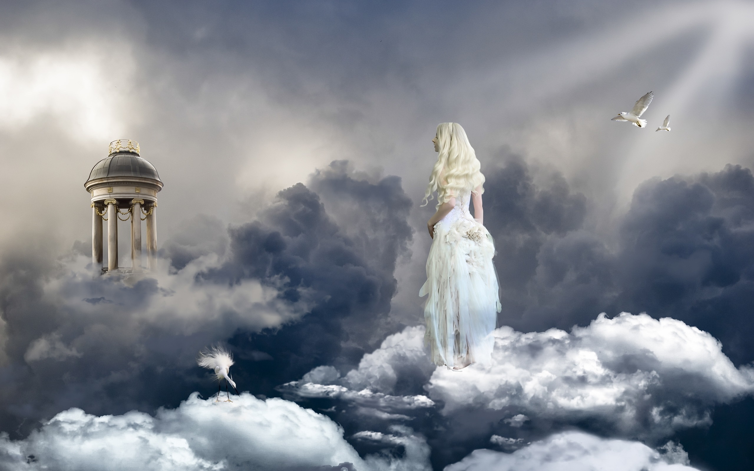 Wallpaper Blonde girl, angel, sky, clouds, birds, paradise 2560x1600 HD Picture, Image