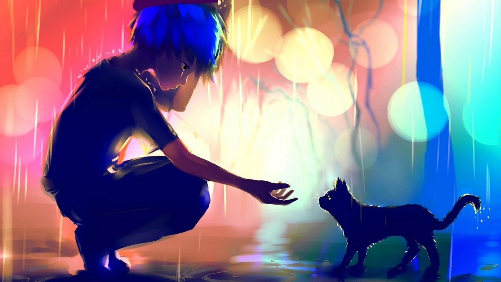 Download 1600x900 Anime Boy, Cat, Raining, Scenic, Sad, Loneliness Wallpaper
