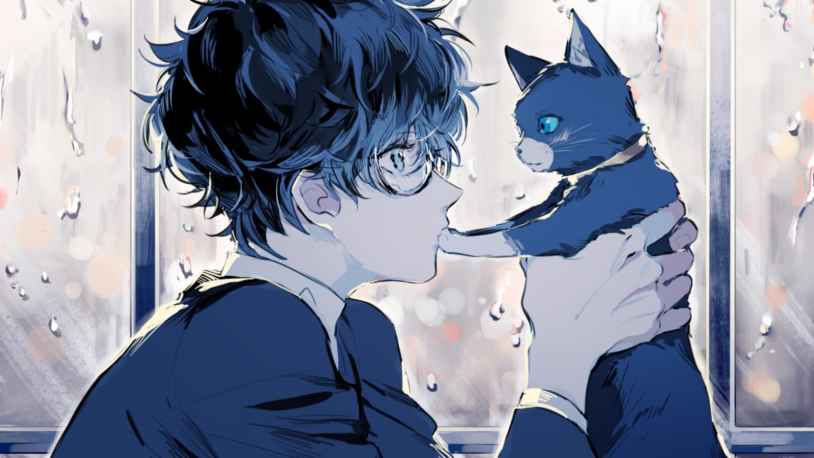 Wallpaper Profile View, Anime Boy, Kurusu Akira, Cute, Persona Cat, Glasses:2361x1824