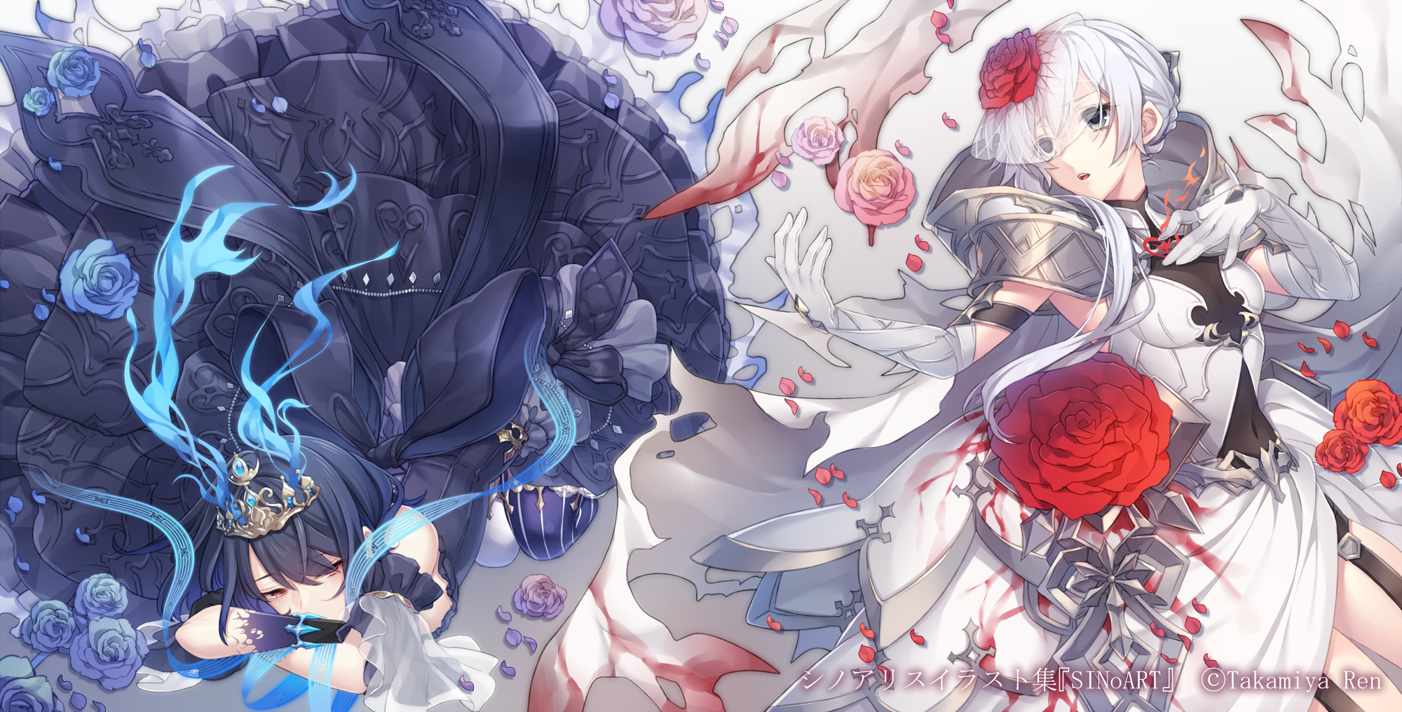 2girls Alice (sinoalice) Black Hair Bow Cape Elbow Gloves Flowers Gloves Goth Loli Gray Eyes Hoodie Lolita Fashion Magic Petals Red Eyes Rose Short Hair Sinoalice Snow White (sinoalice) Takamiya Ren Tiara Watermark