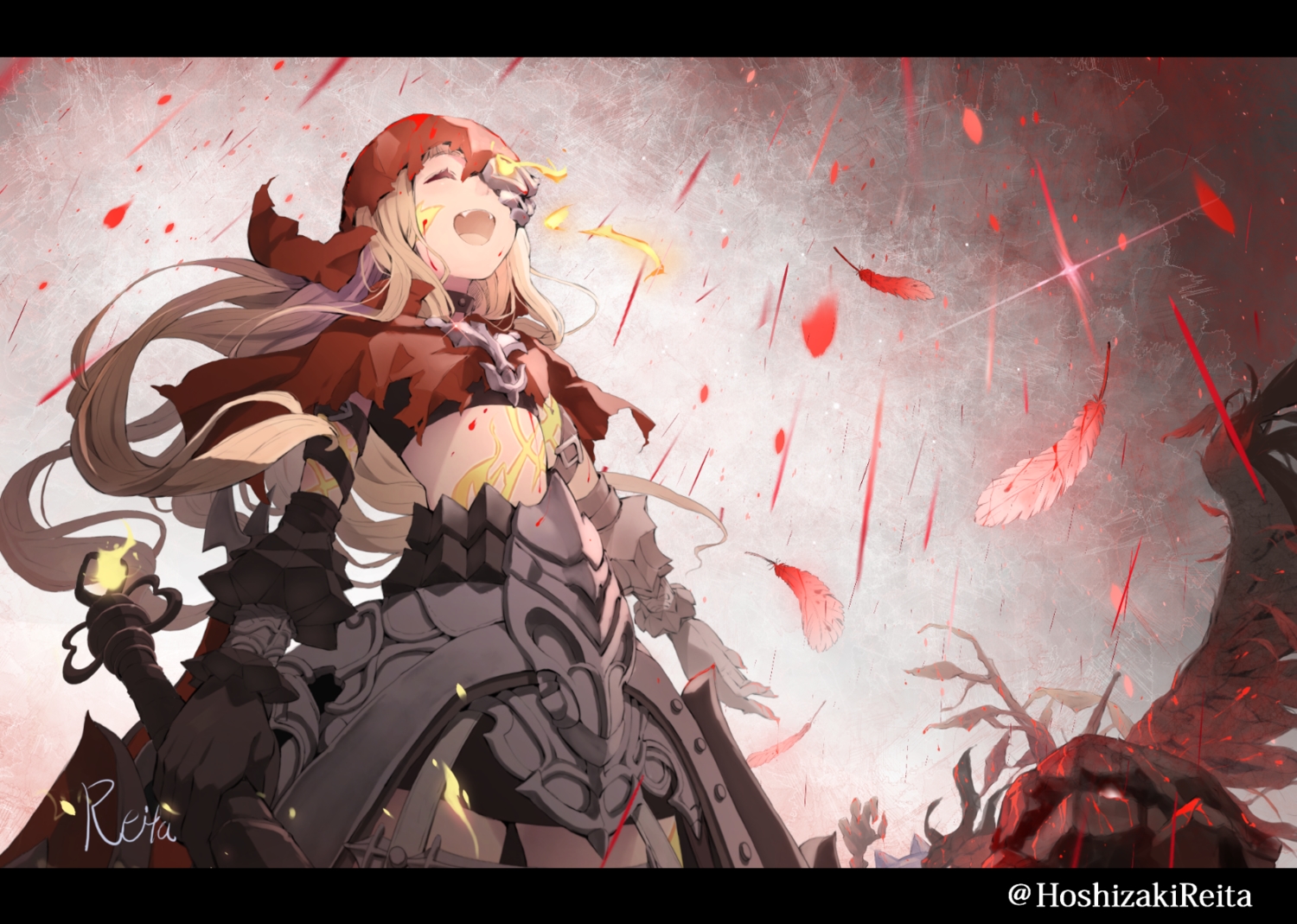 armor blonde hair cape fang feathers hoodie hoshizaki reita long hair red riding hood (sinoalice) signed sinoalice watermark weapon. konachan.com.com Anime Wallpaper