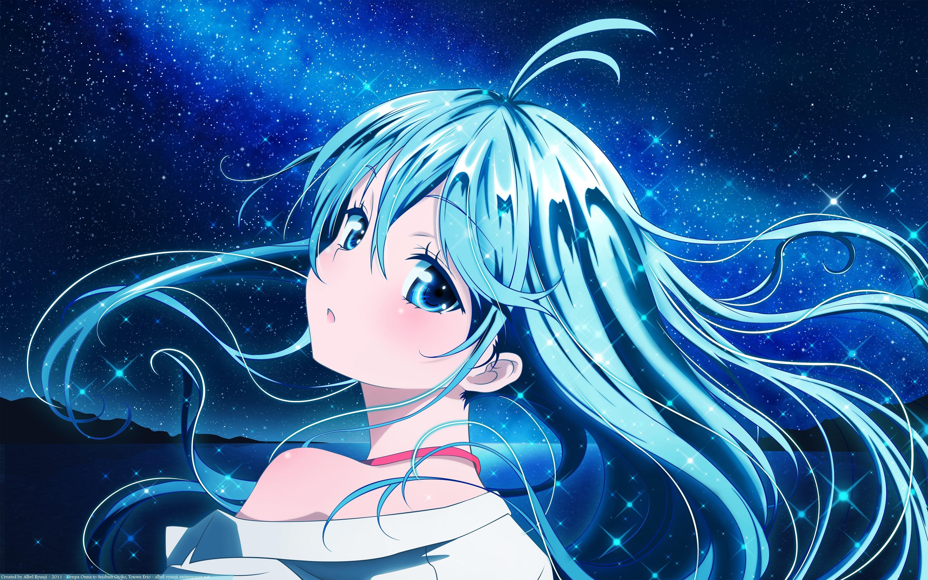 4K, anime, long hair, blue, women. Mocah HD Wallpaper