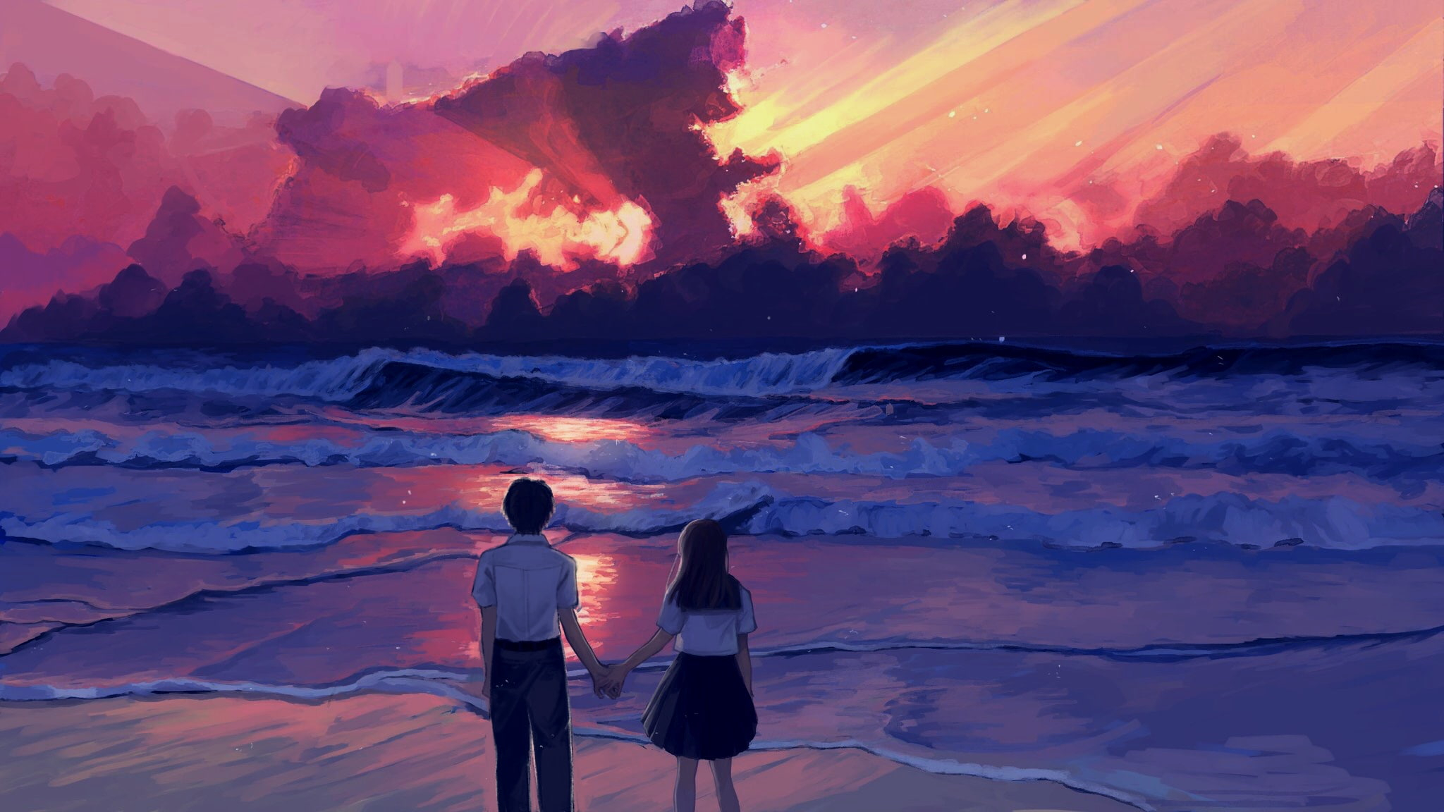 Anime wallpaper, illustration, landscape, sea, sunset, painting, digital art • Wallpaper For You HD Wallpaper For Desktop & Mobile