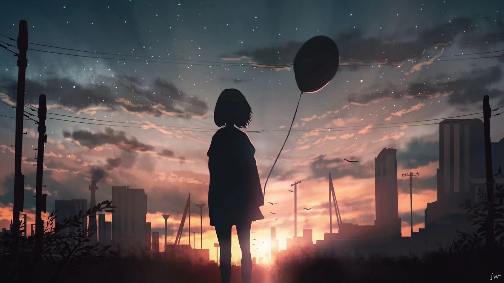 Download 1920x1080 Anime Girl, Back View, Balloon, Sunset, Buildings, Sky Wallpaper for Widescreen