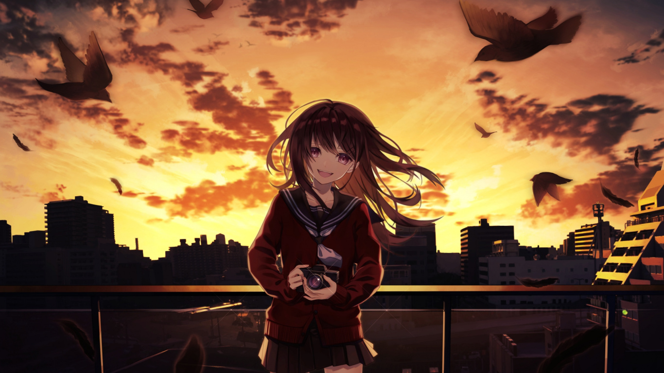 Download Sunset, cute, smile, anime girl, original wallpaper, 1366x Tablet, laptop