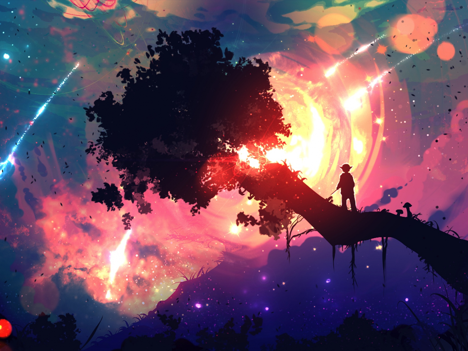 Desktop Wallpaper Illustration, Sunset, Boy On Tree, Night, Anime Art, HD Image, Picture, Background, 5251de