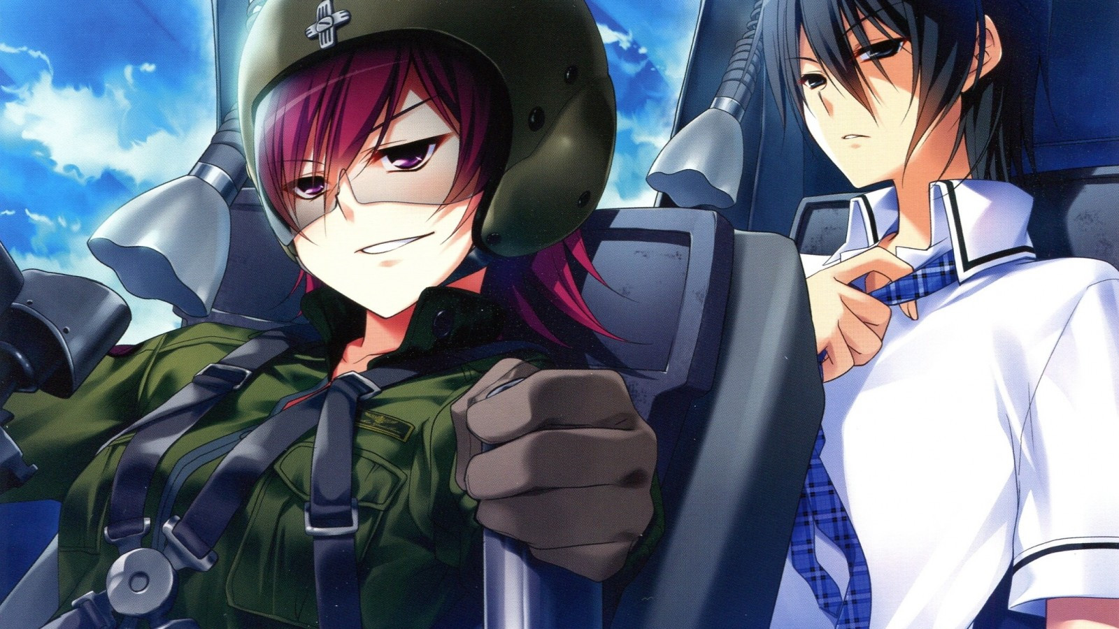 Download 1600x900 Grisaia No Kajitsu, Suou Amane, Kazami Yuuji, Plane, Smirk Wallpaper