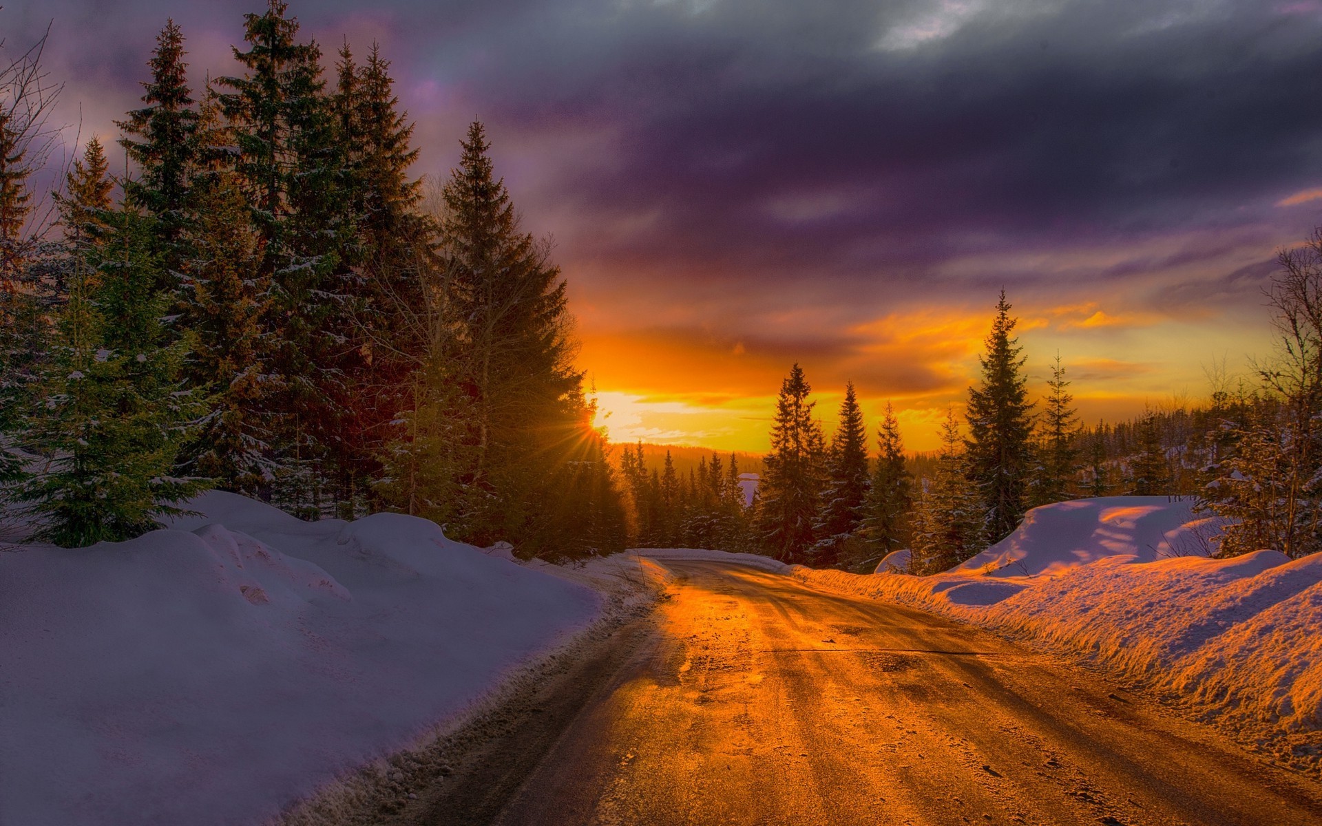 nature landscape winter snow norway trees sunset road wallpaper