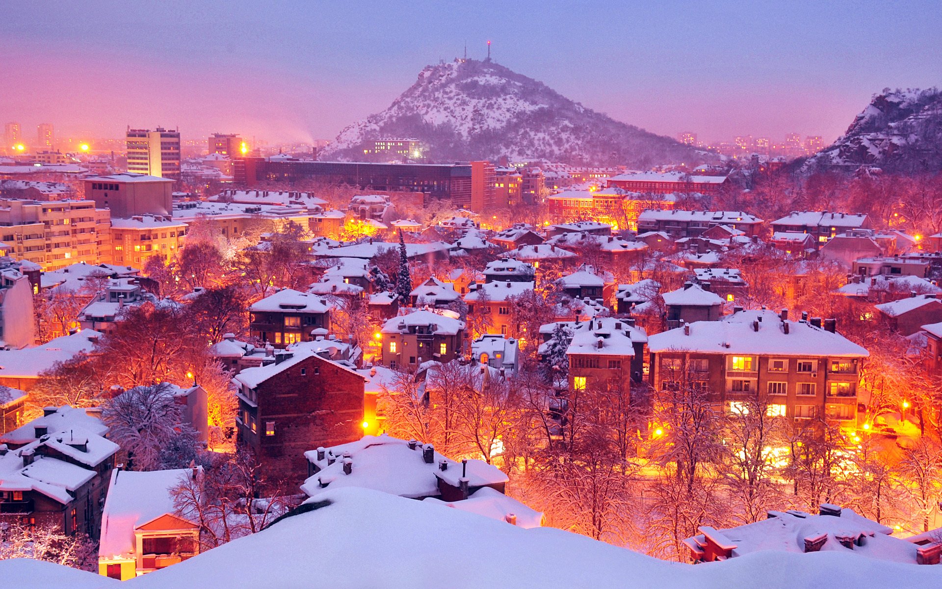 bulgaria, City, City, Lights, Houses, Landsacpe, Mountain, Night, Lights, Orange, Plovdiv, Snow, Snowflakes, Winter Wallpaper HD / Desktop and Mobile Background