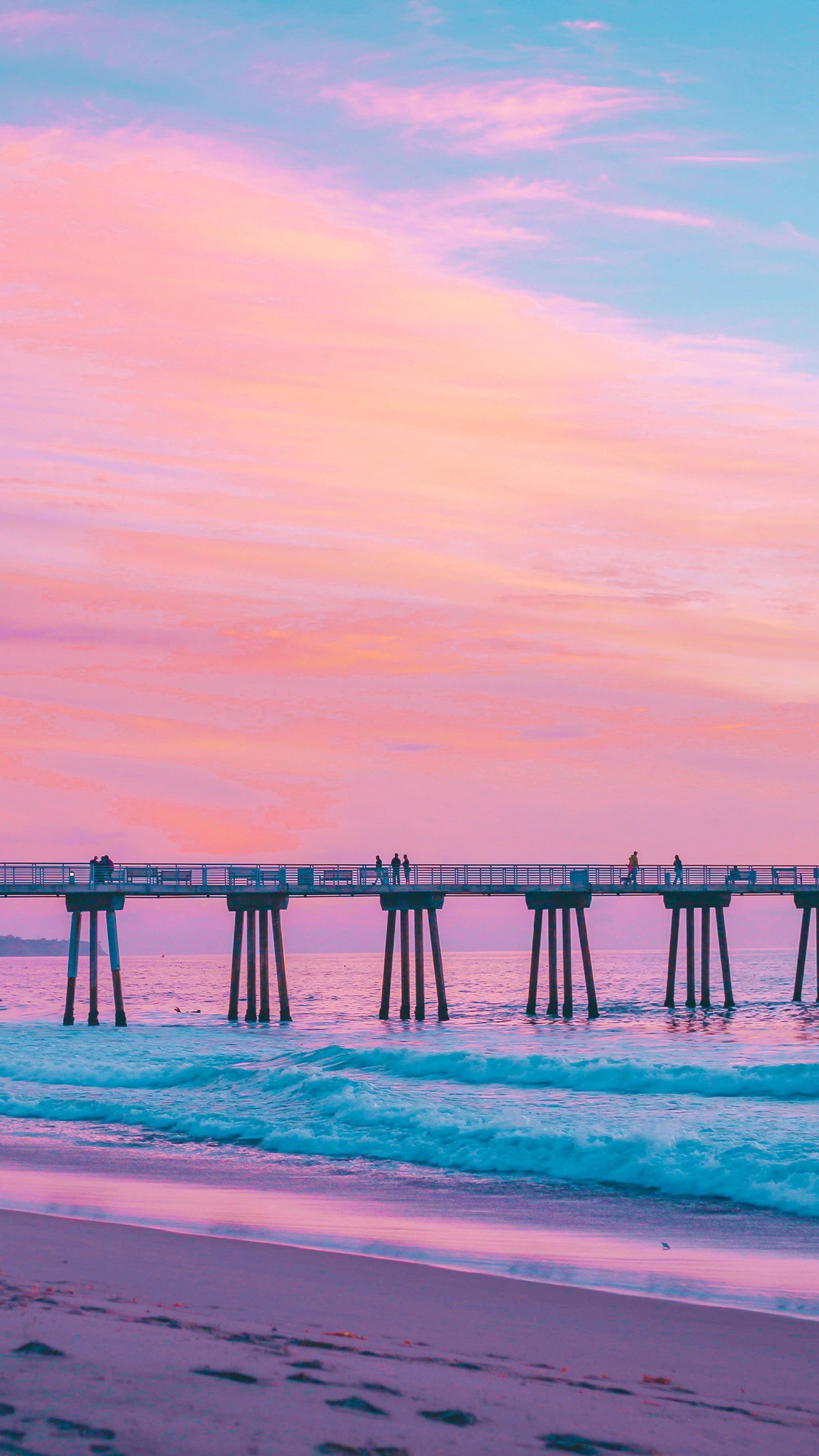 Wallpaper Pier, Sea, Surf, Pink, Hermosa Beach, California Beach Wallpaper For iPad