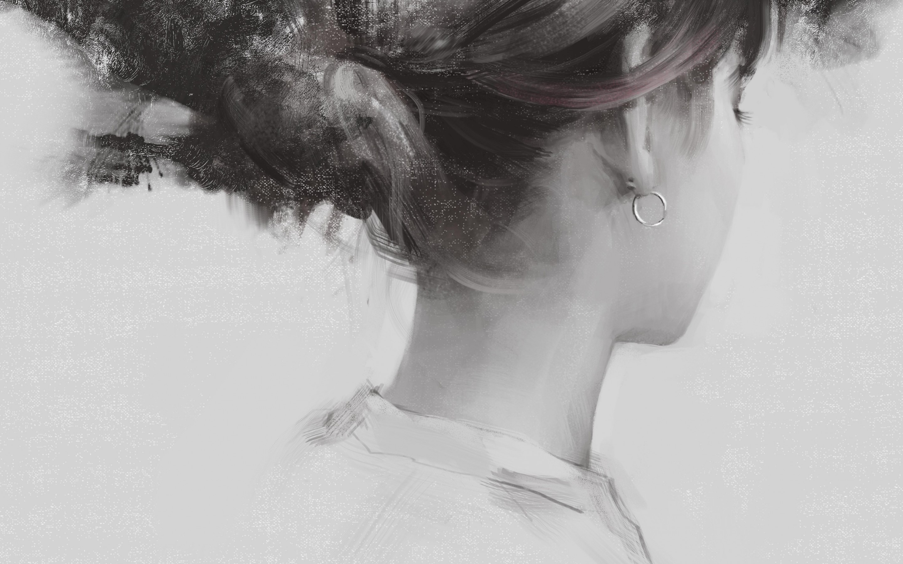 Fantasy Woman, Earring, Hair, Back View, Artwork, Sketch Pencil Drawing Realistic