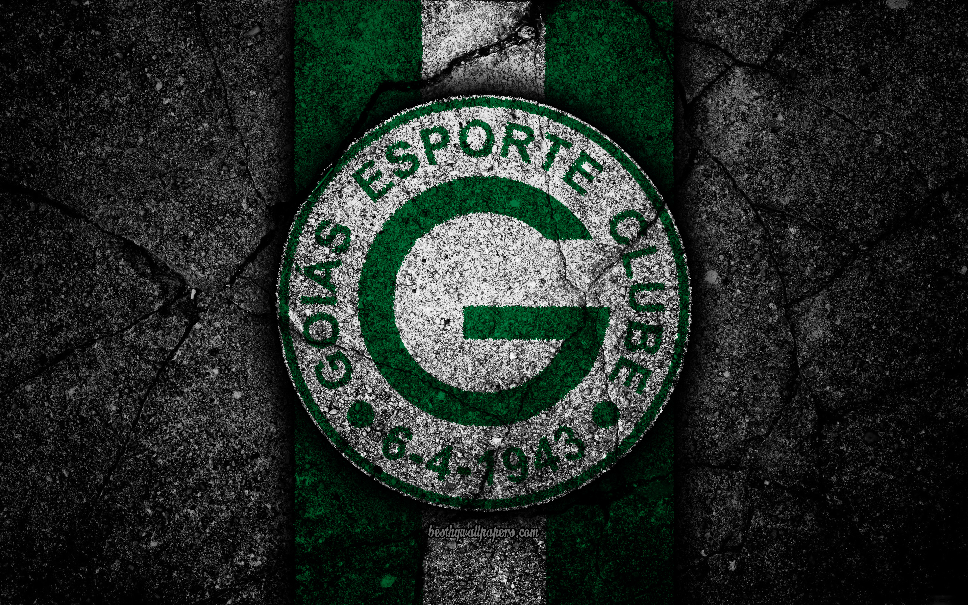 Download wallpaper Goias FC, 4k, logo, football, Serie B, green and white lines, soccer, Brazil, asphalt texture, Goias logo, Goias EC, Brazilian football club for desktop with resolution 3840x2400. High Quality HD