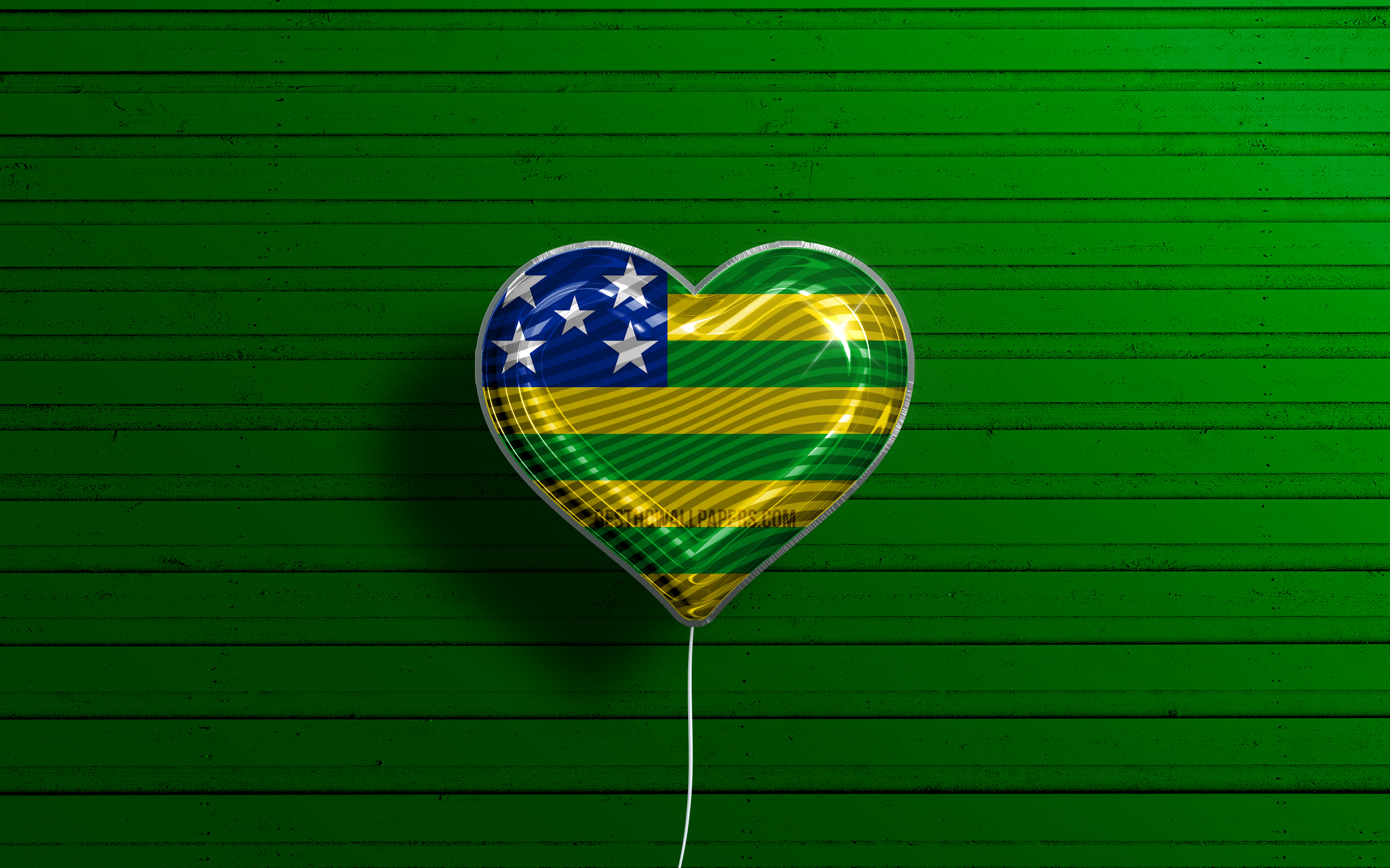 Download wallpaper I Love Goias, 4k, realistic balloons, green wooden background, brazilian states, flag of Goias, Brazil, balloon with flag, States of Brazil, Goias flag, Goias, Day of Goias for desktop with