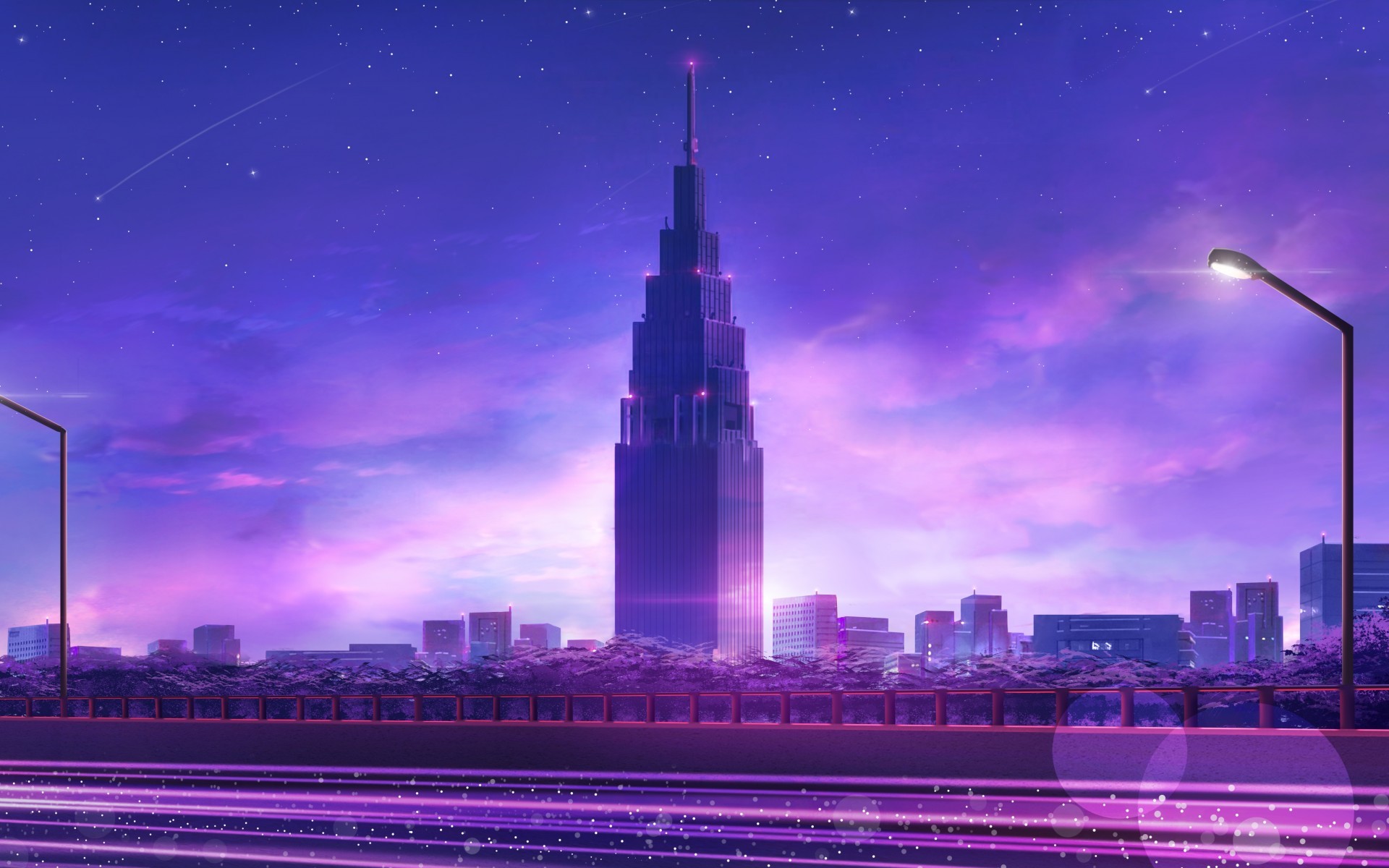 Anime Skyscraper, Purple Theme, Street Lights, Clouds, HD Wallpaper