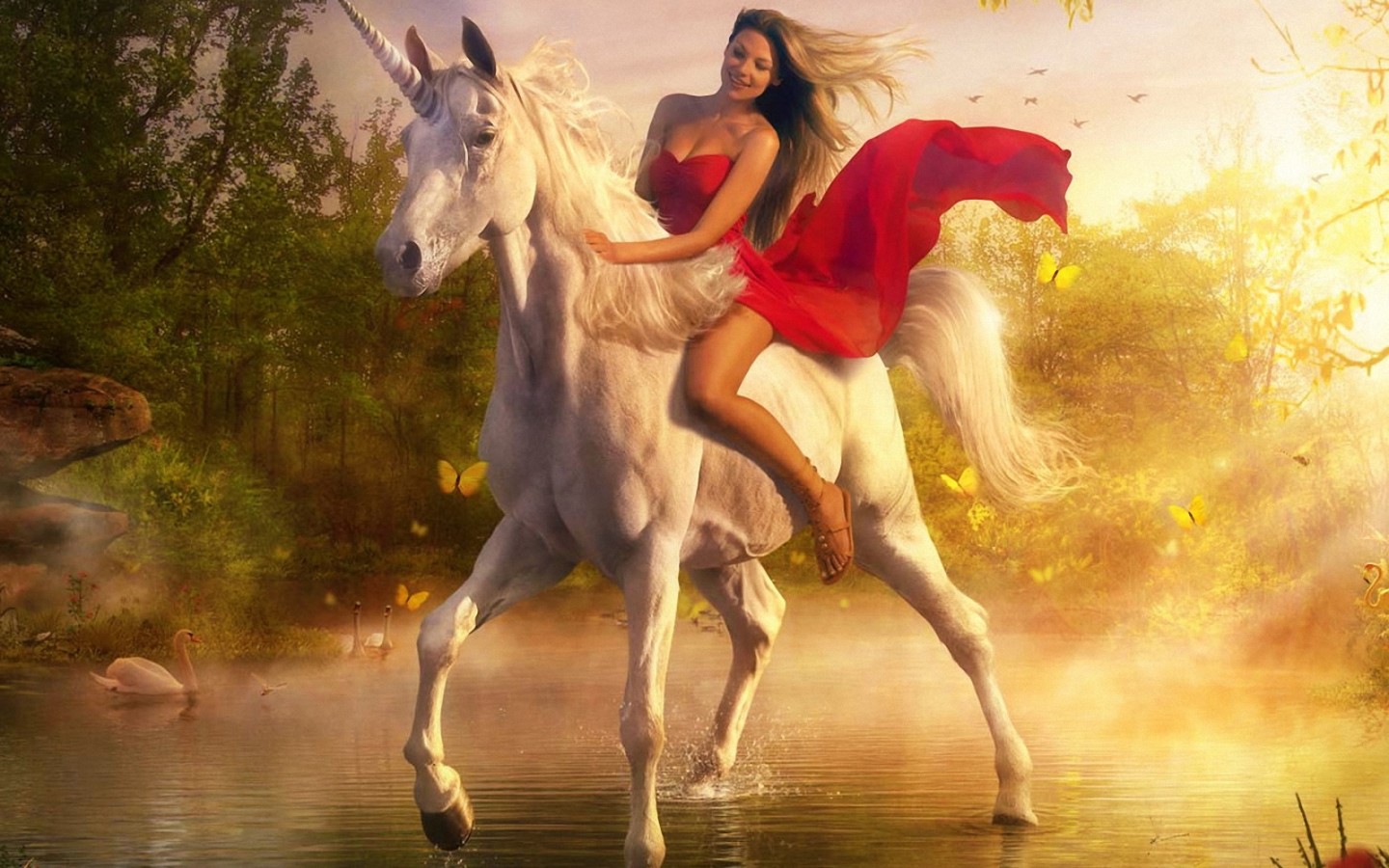 Unicorn Horse, A Beautiful Blue Girl In Red, Lake, Swans, HD Wallpaper, Wallpaper13.com