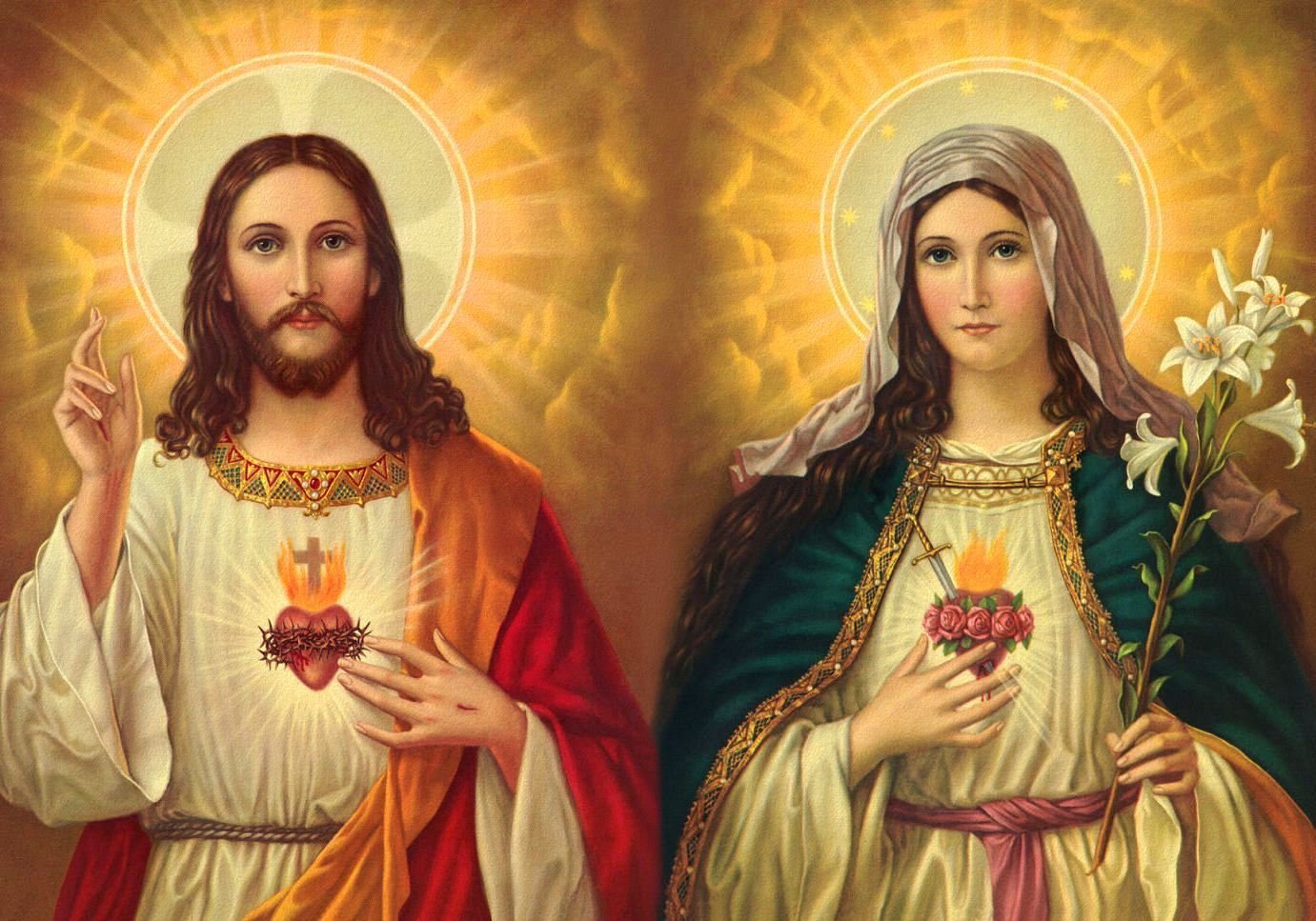 Jesus and Mary POSTER A2 print Sacred Heart of Jesus and Virgin Mary painting Religious Artwork Catholic picture Christian Holy Wall Art Decor for Home Room, Handmade Products