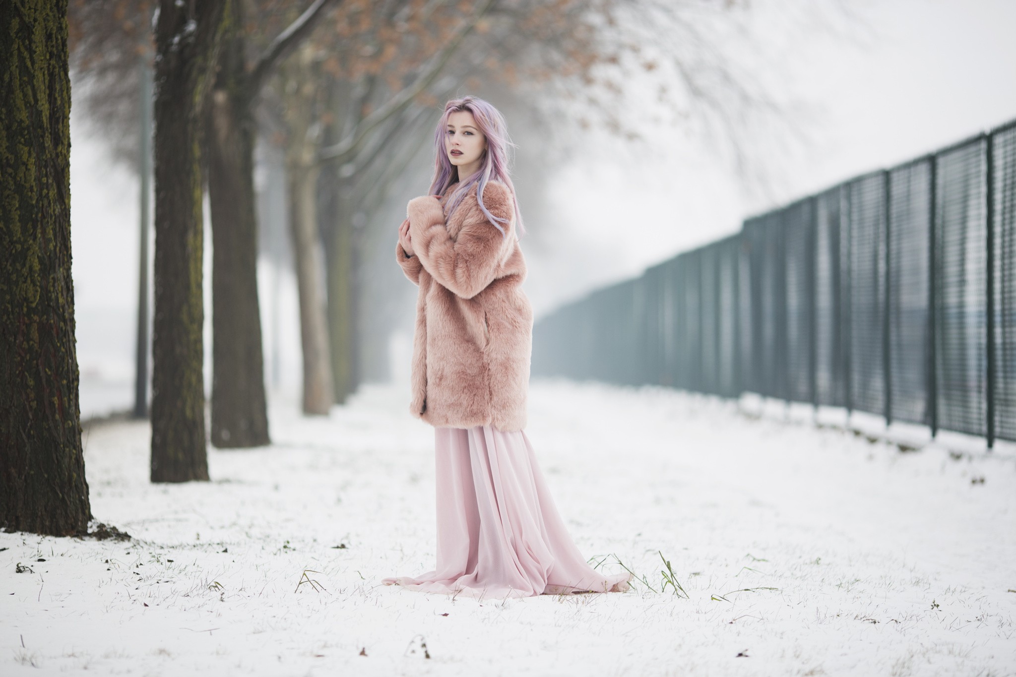 #alone, #women, #pink hair, #snow, #winter, #blonde, #looking at viewer, wallpaper. Mocah HD Wallpaper