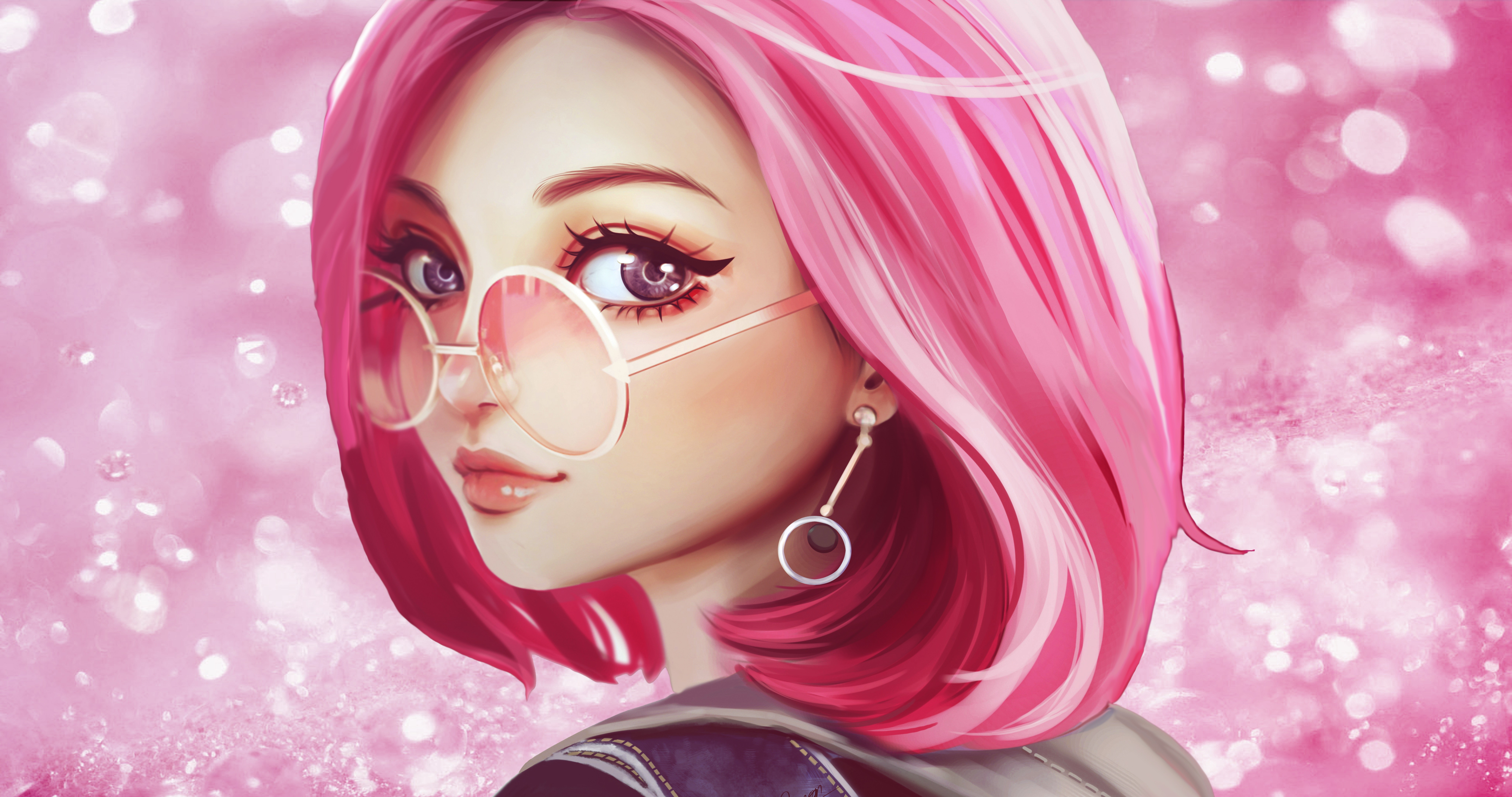 Wallpaper / women, pink hair, glasses, digital art, pink