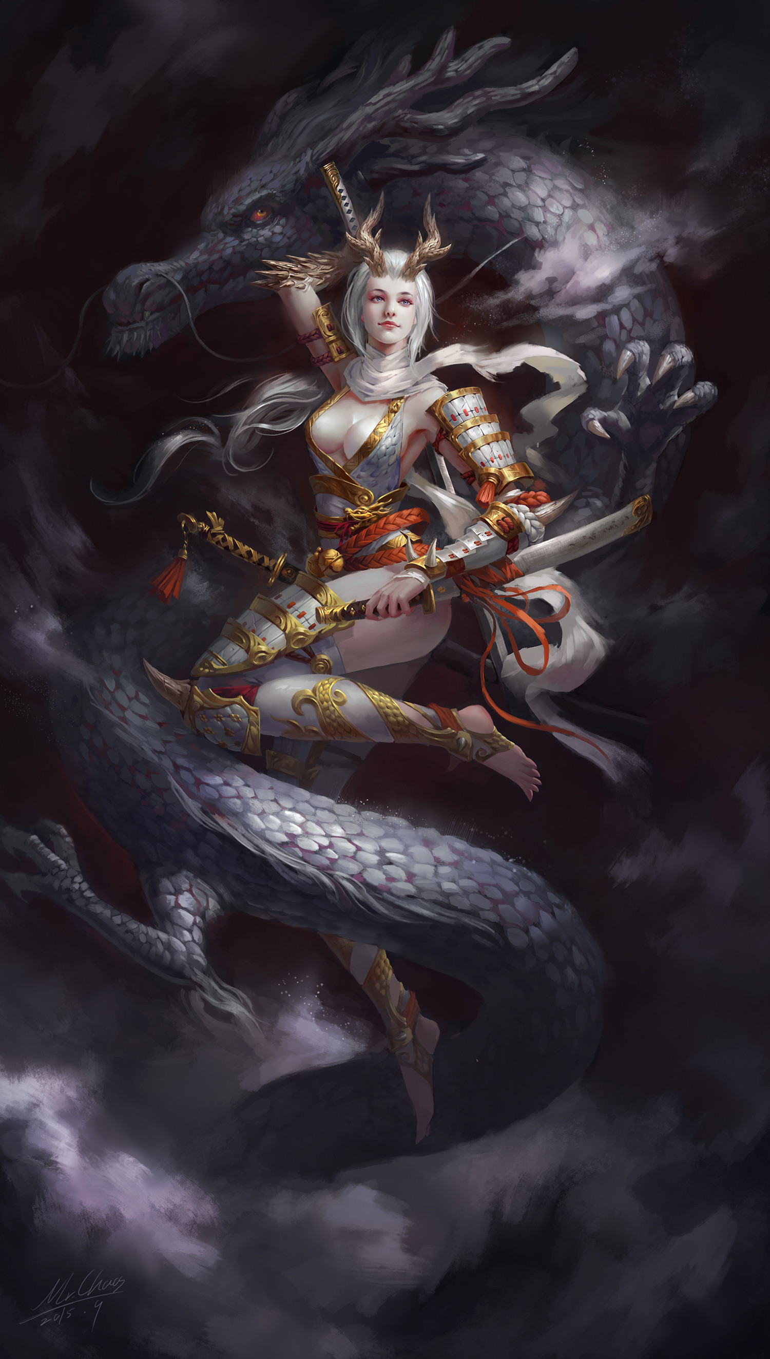 Wallpaper, Wenfei Ye, women, white hair, dragon, armor, horns 1500x2647