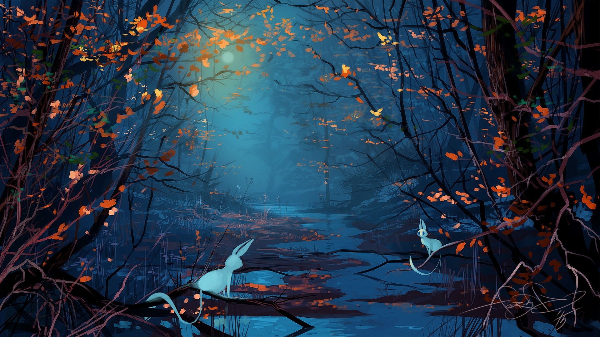 Download 1920x1080 Rabbits, Stream, Autumn, Forest, Digital Art Wallpaper for Widescreen