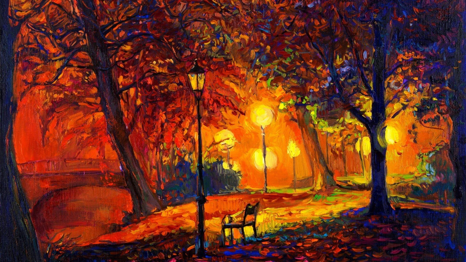 trees, painting, fall, leaves, digital art, nature, park, artwork, bench, lamp, modern impressionism, ART, tree, autumn, season, modern art, acrylic paint, impressionist. Mocah HD Wallpaper