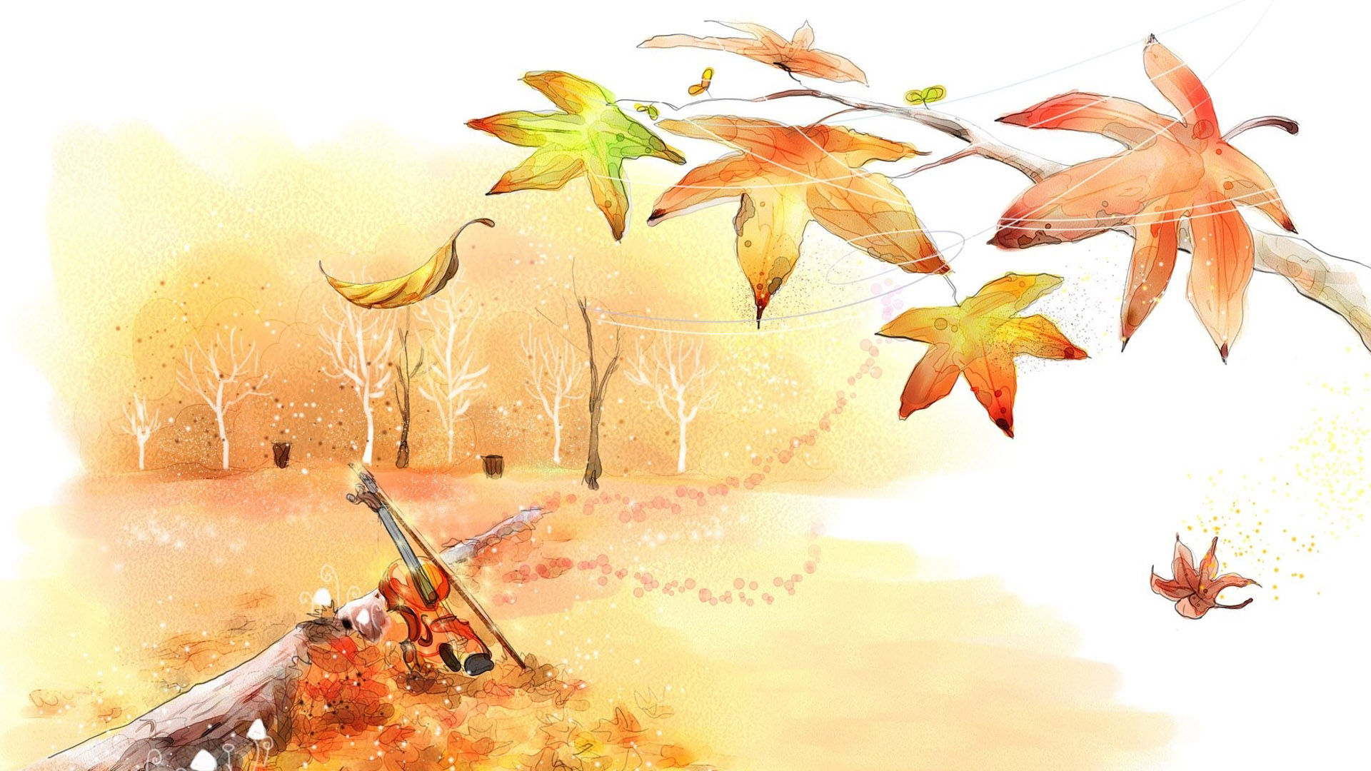 Violin In The Park, Autumn, Tree, Digital Art Desktop PC And Mac Wallpaper