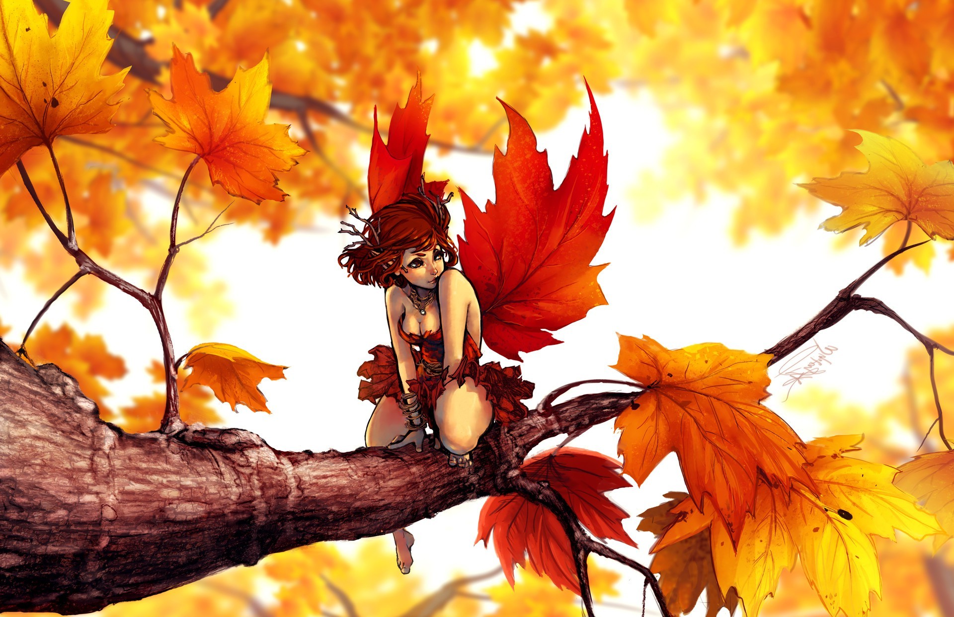 artwork fantasy art digital art fairies leaves maple leaves trees wallpaper
