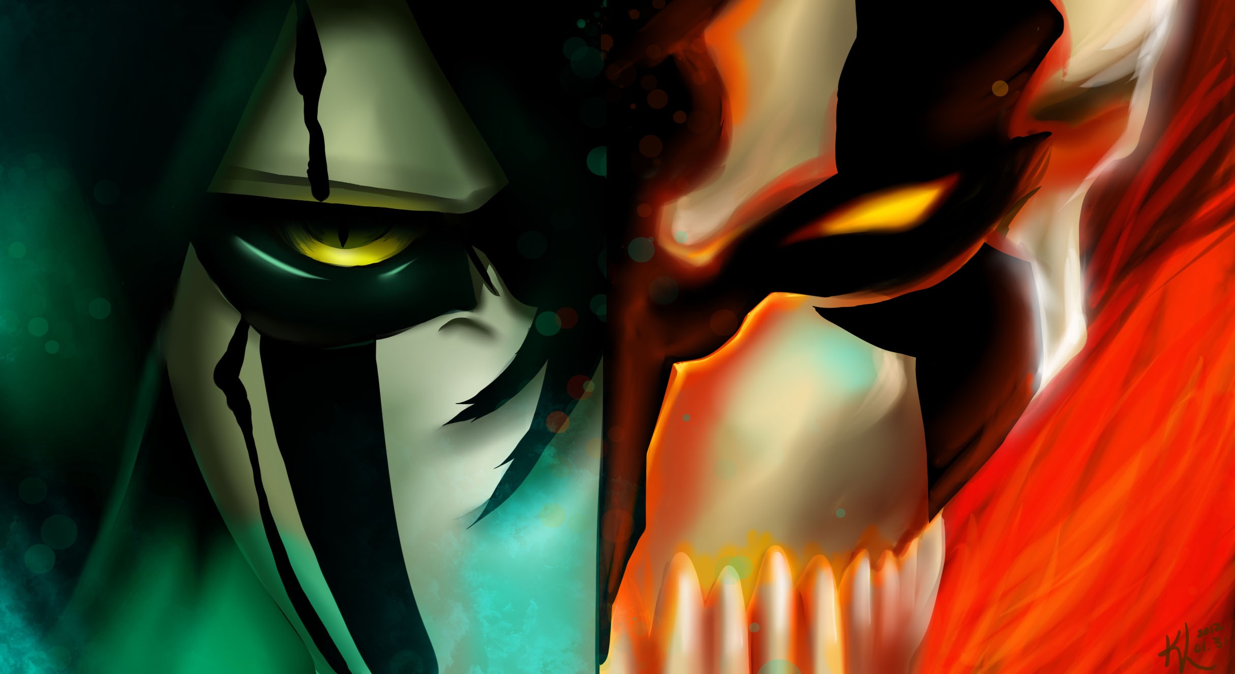 Wallpaper, illustration, anime, Bleach, Kurosaki Ichigo, splitting, Ulquiorra Cifer, Espada, Vasto Lorde, color, darkness, screenshot, computer wallpaper 2429x1326