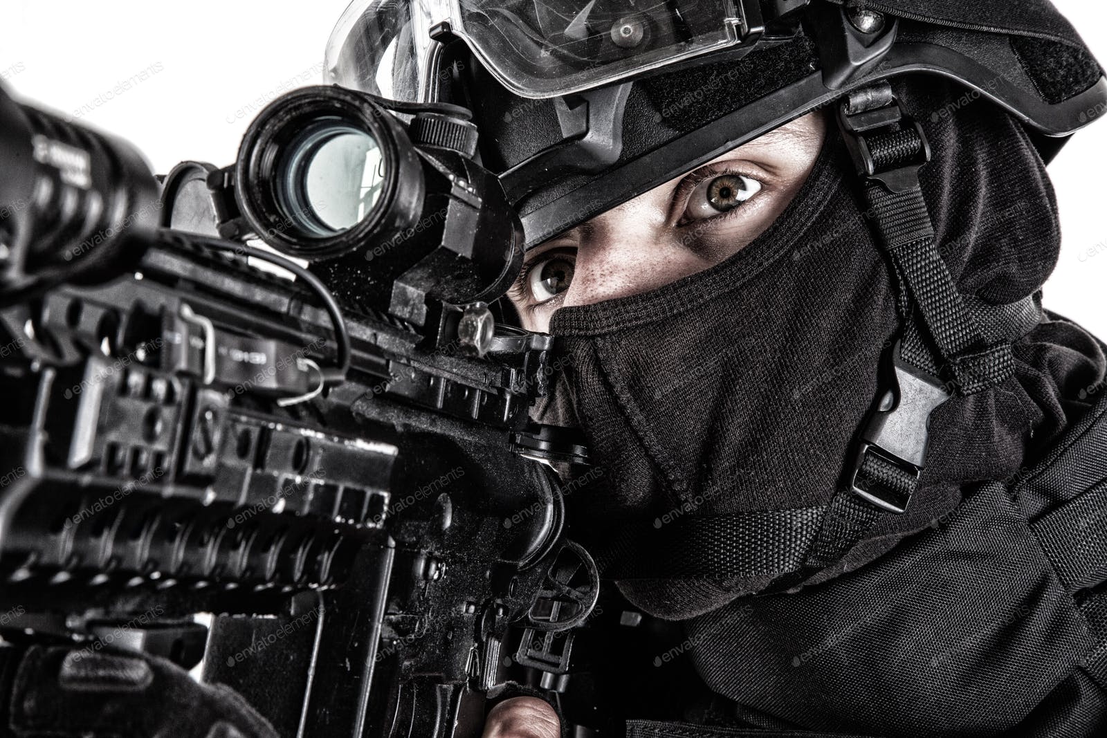 SWAT team fighter aiming rifle close up portrait photo by Getmilitaryphotos on Envato Elements