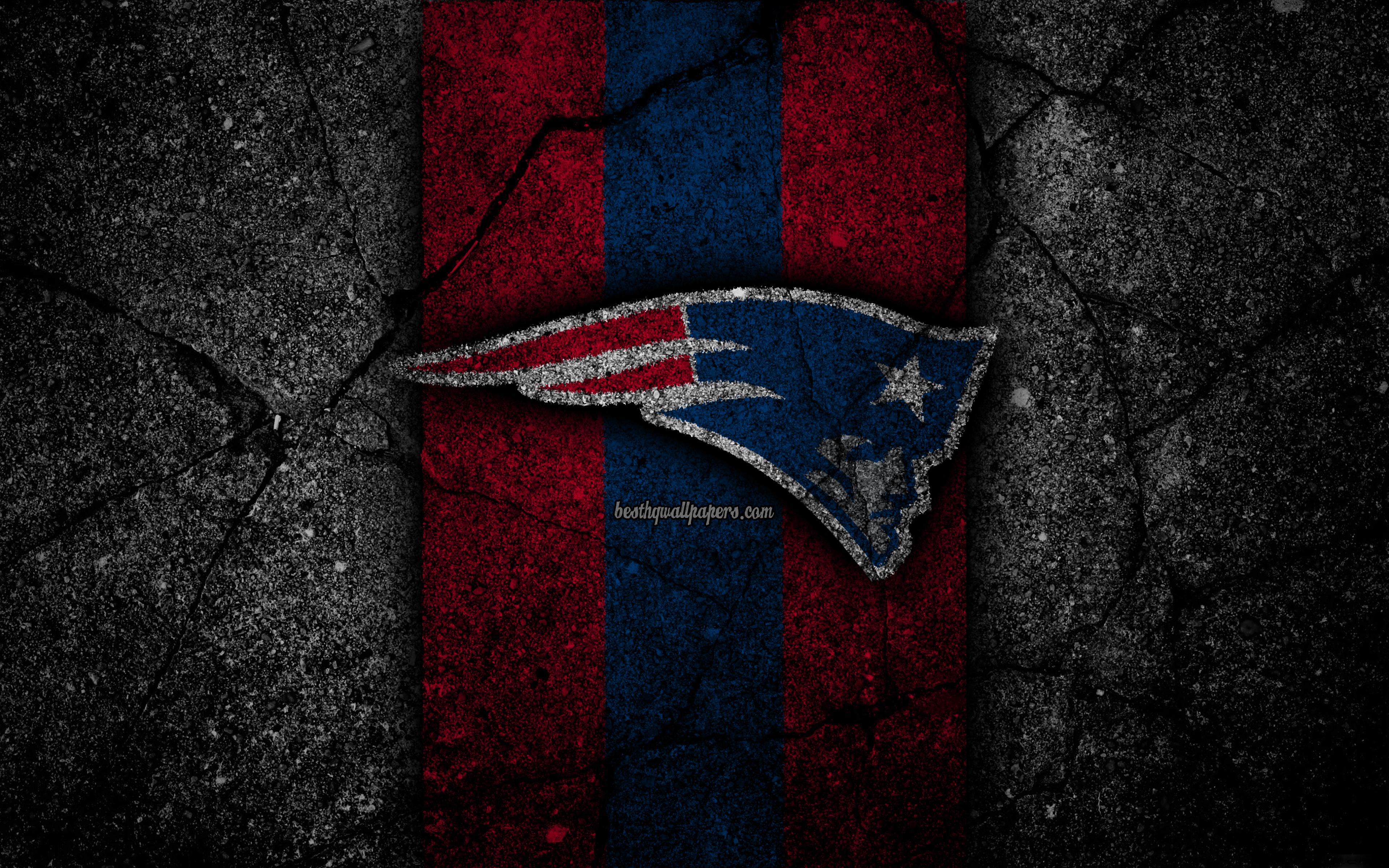 Download wallpaper 4k, New England Patriots, logo, black stone, NFL, american football, USA, asphalt texture, National Football League, American Conference for desktop with resolution 3840x2400. High Quality HD picture wallpaper