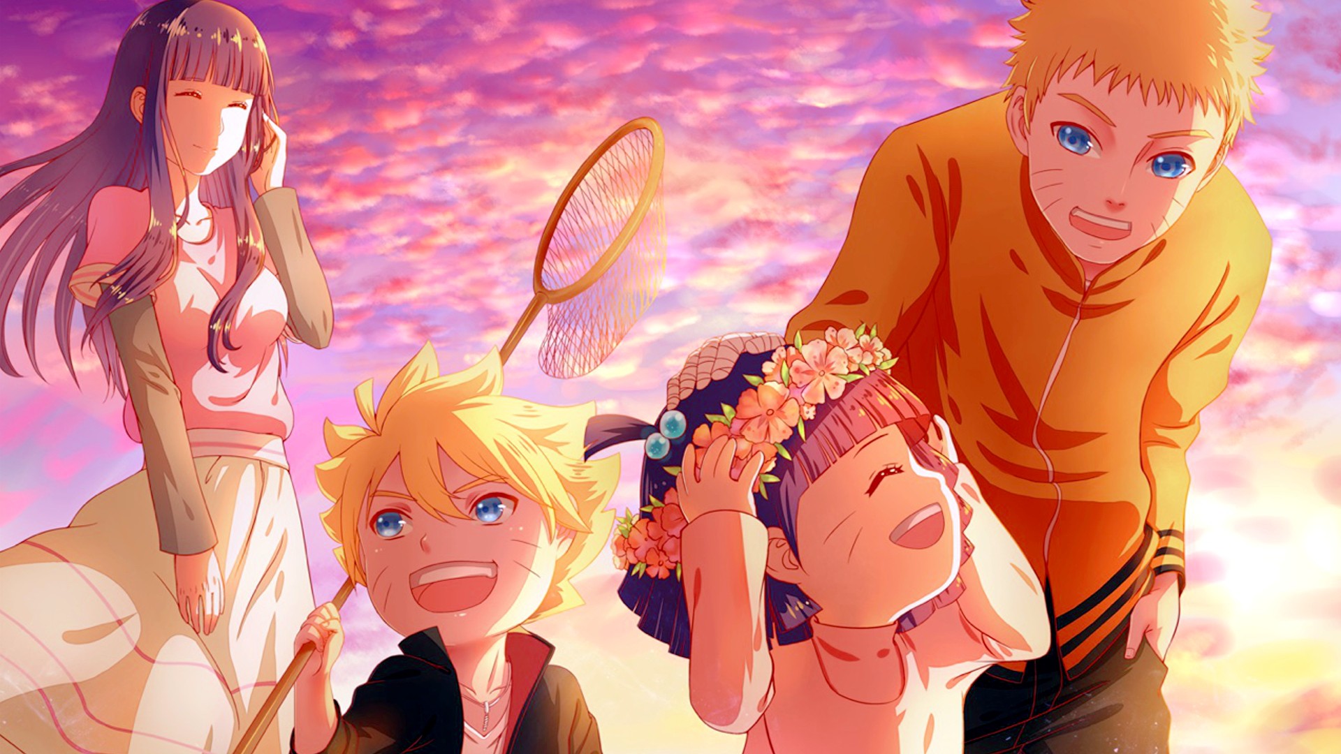 Wallpaper, illustration, sunset, anime, cartoon, families, Naruto Shippuuden, wreaths, Uzumaki Naruto, Hyuuga Hinata, Uzumaki Boruto, Toy, Uzumaki Himawari, screenshot, computer wallpaper, mangaka 1920x1080 Wallpaper