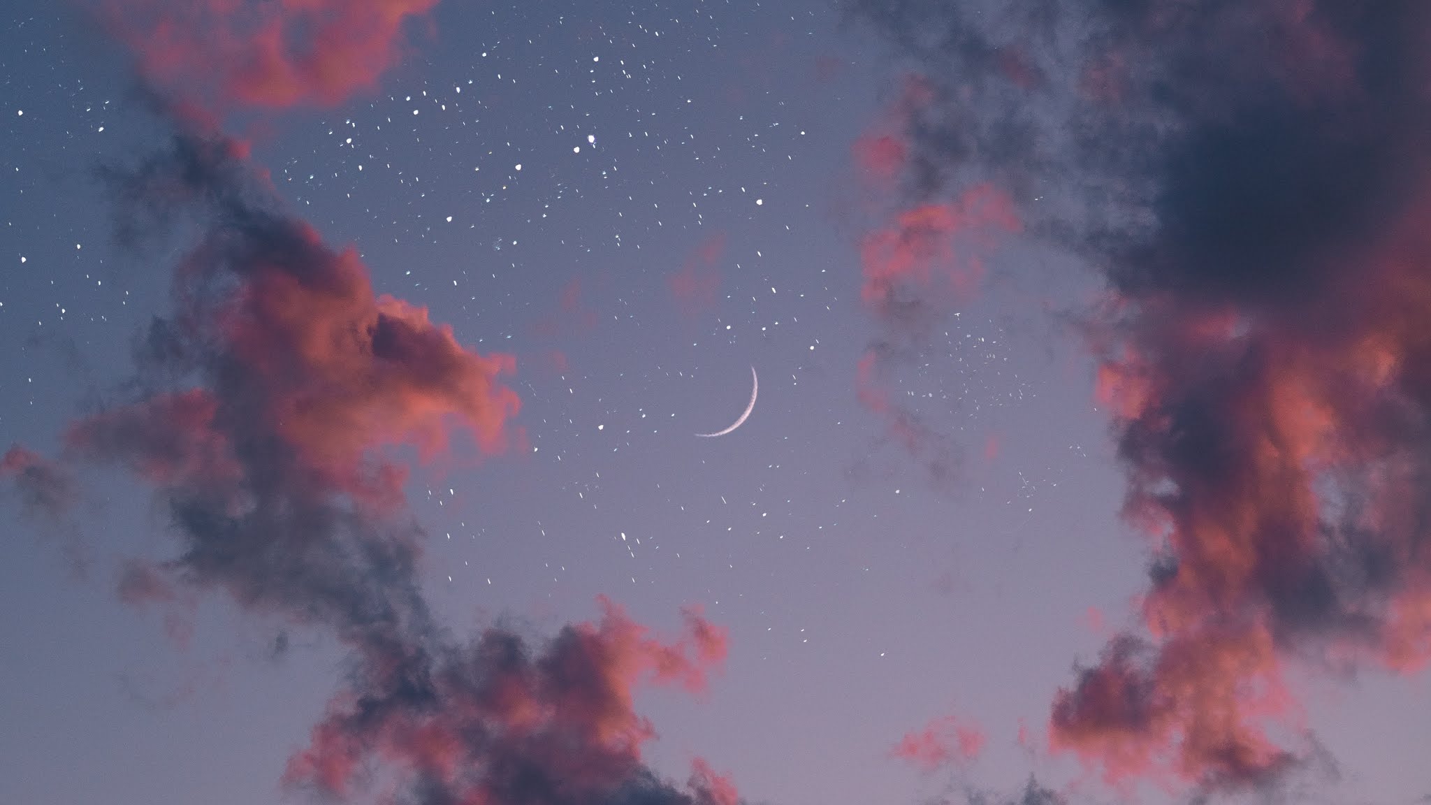 Wallpaper Sky, Clouds, Pink, Moon, Stars, Night