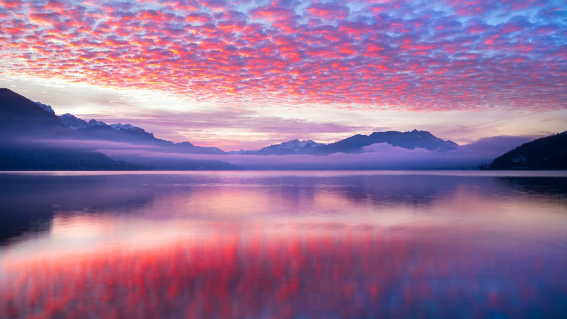Desktop wallpaper mountains, pink clouds, reflections, lake, HD image, picture, background, 7ea02c