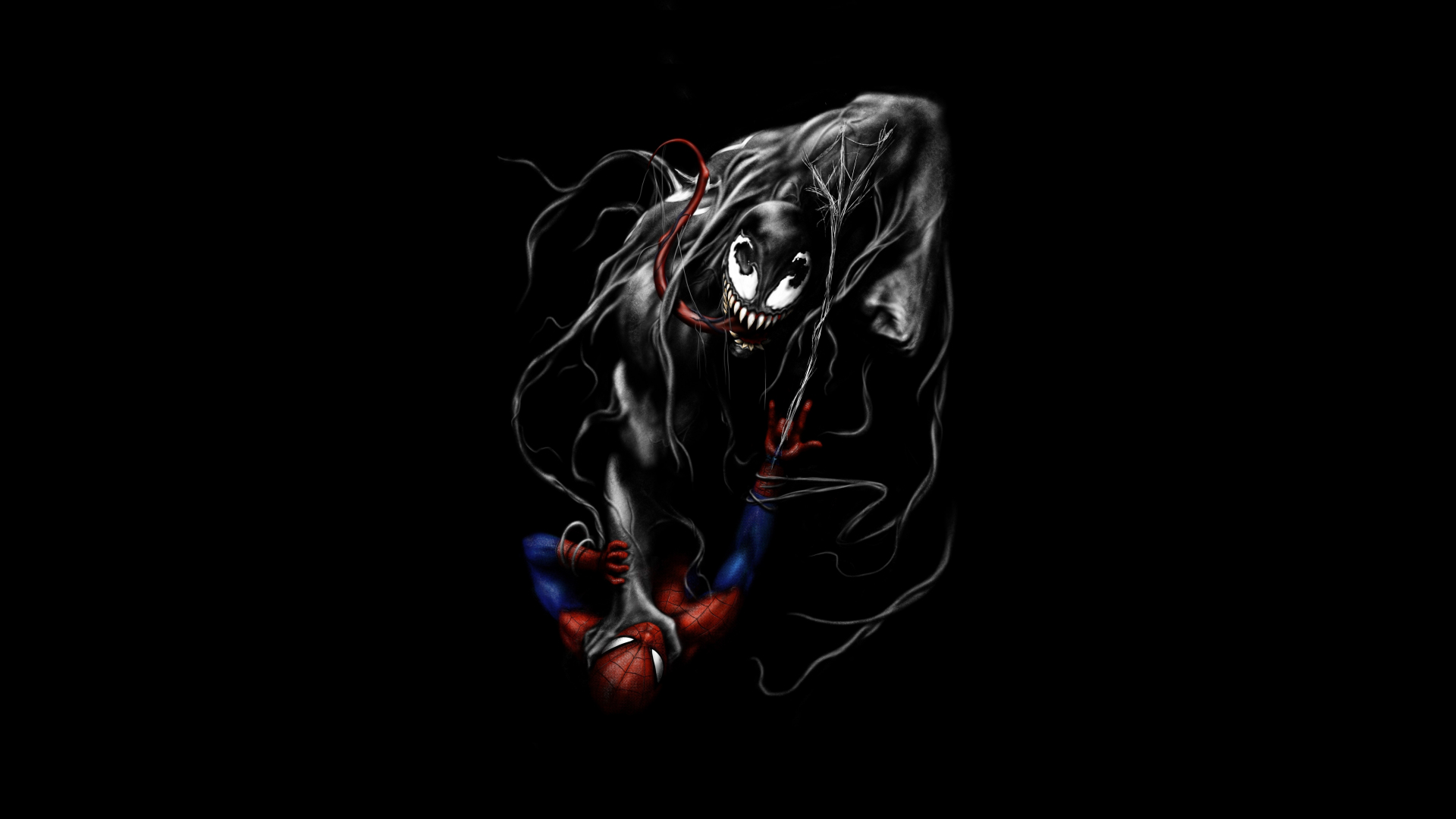 Download 1920x1080 Wallpaper Venom And Spider Man, Fight, Black And Dark, Minimal, Art, Full Hd, Hdtv, Fhd, 1080p, 1920x1080 HD Image, Background, 10437