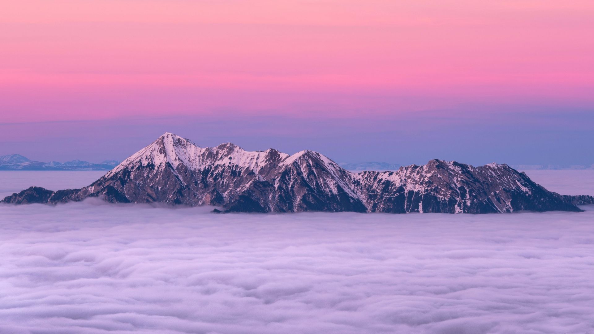 Desktop wallpaper pink sky, clouds, sunset, mountains, HD image, picture, background, 5fef4f