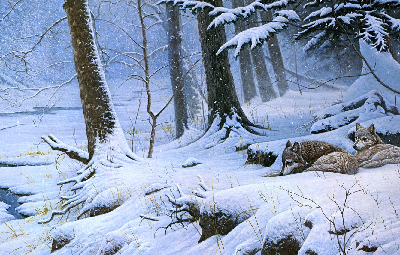 Wallpaper winter, forest, snow, trees, branches, nature, roots, river, shore, figure, picture, art, pair, the snow, wolves, painting image for desktop, section живопись