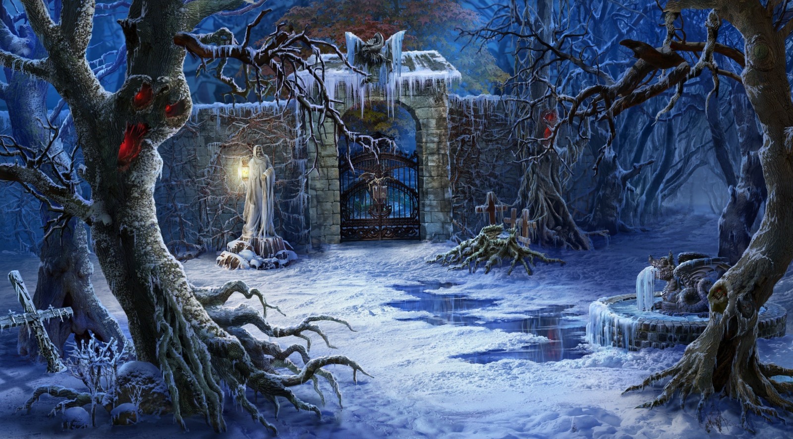 forest, fantasy art, dark, winter, artwork, mythology, tree, season, screenshot, computer wallpaper HD Wallpaper