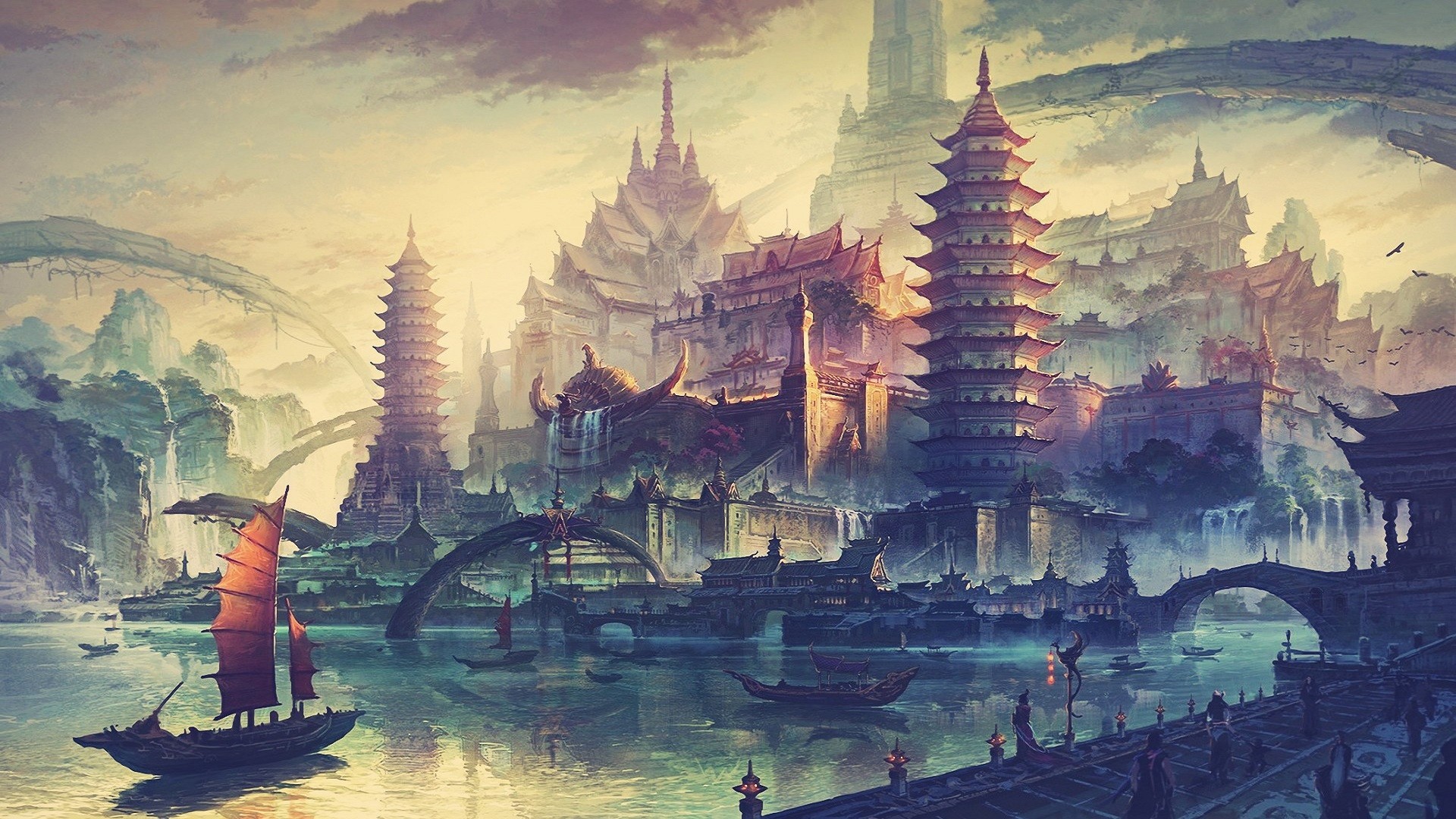 China, Fantasy art, Traditional art, Ship, Asian architecture Wallpaper HD / Desktop and Mobile Background