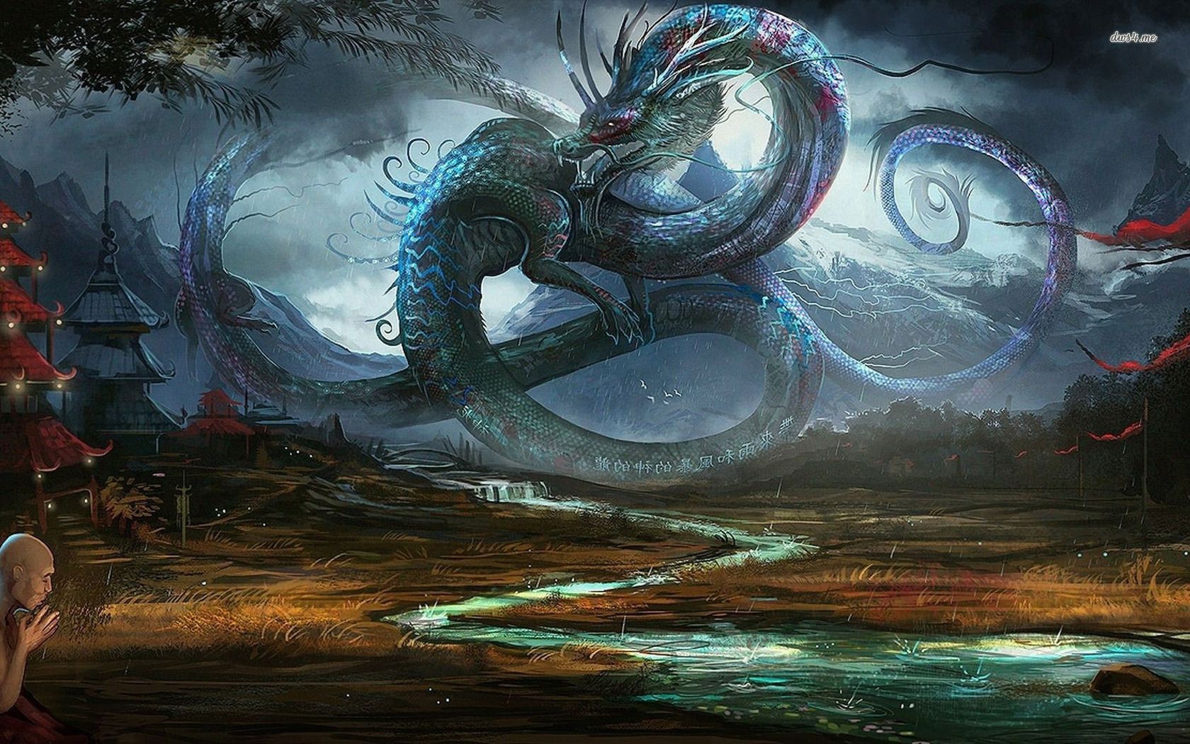 Dragon in ancient Chinese village wallpaper wallpaper