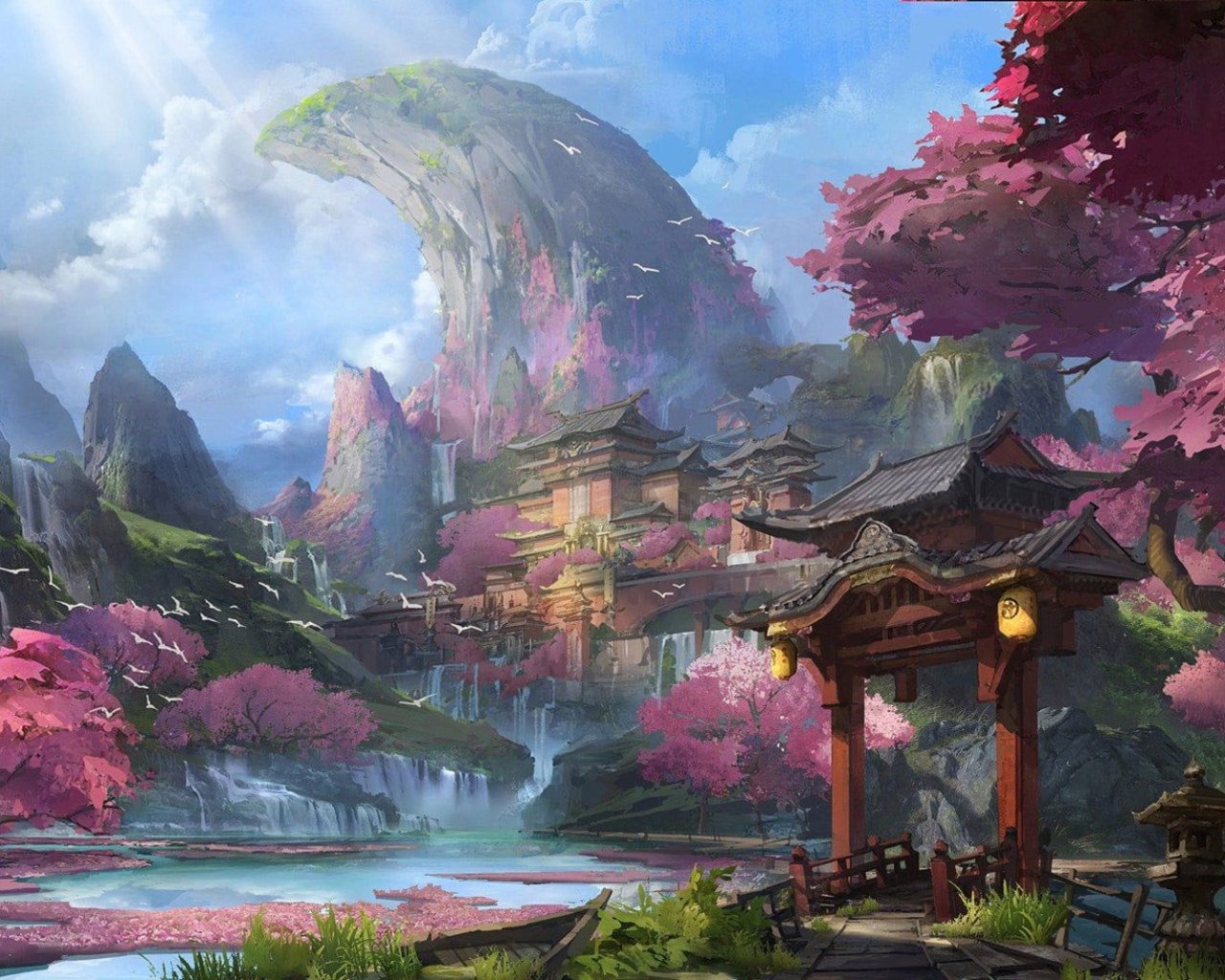 Artwork wallpaper, fantasy art, Chinese architecture, mountains, cherry blossom • Wallpaper For You HD Wallpaper For Desktop & Mobile