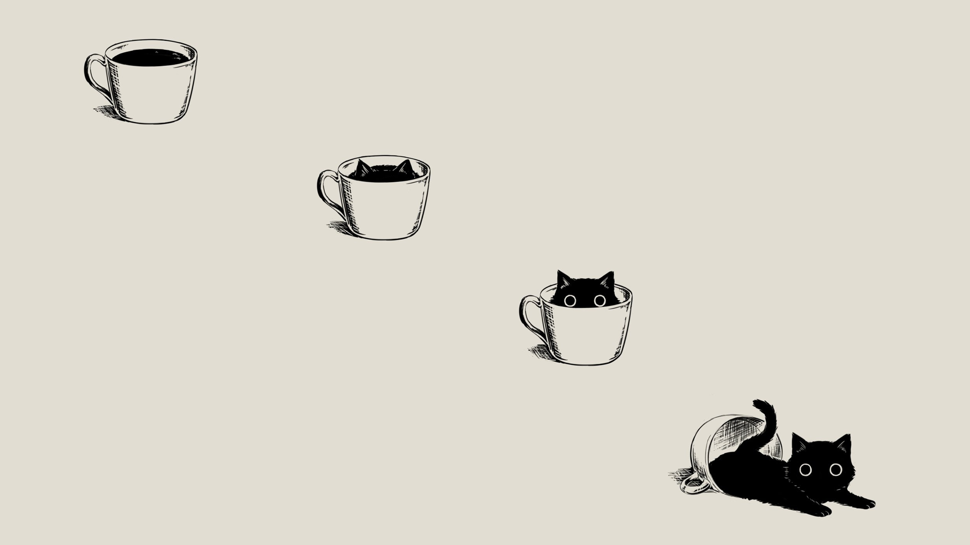Wallpaper, anime, manga, minimalism, simple background, coffee, black cats, beige, cat, Cup Coffe 1920x1080