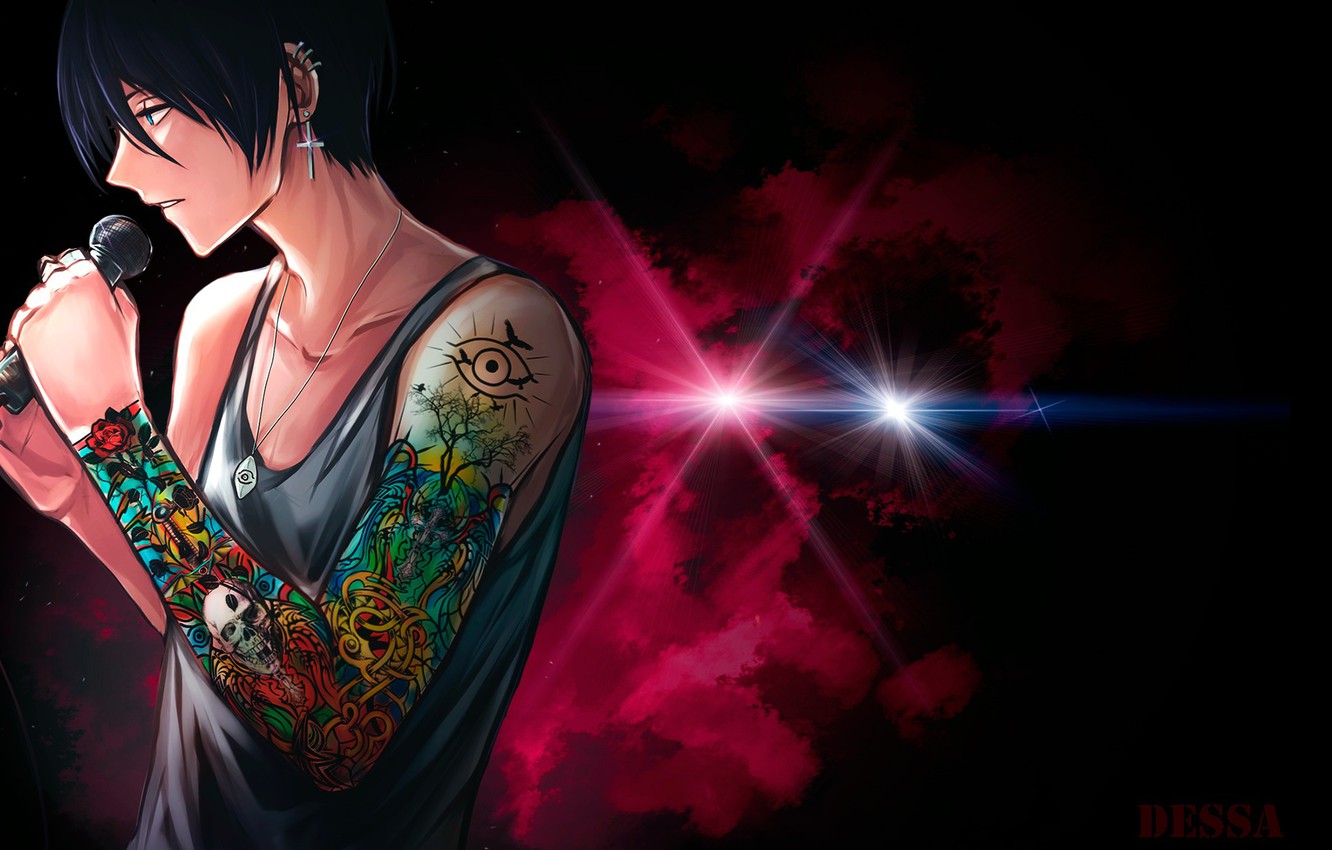 handsome anime boy with black hair and tattoos a  starryai