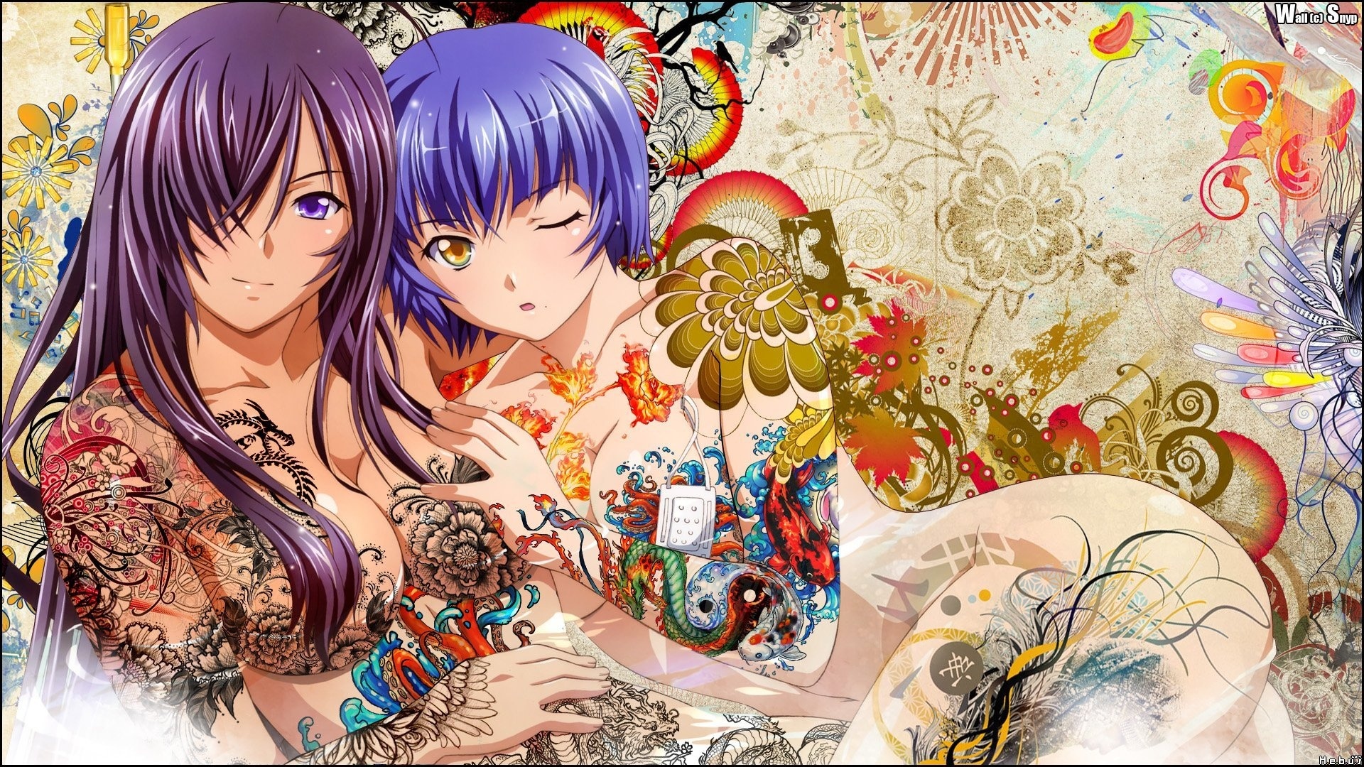 1920x1080 girl, girls, anime, patterns, tattoo, Wall (c) Snyp