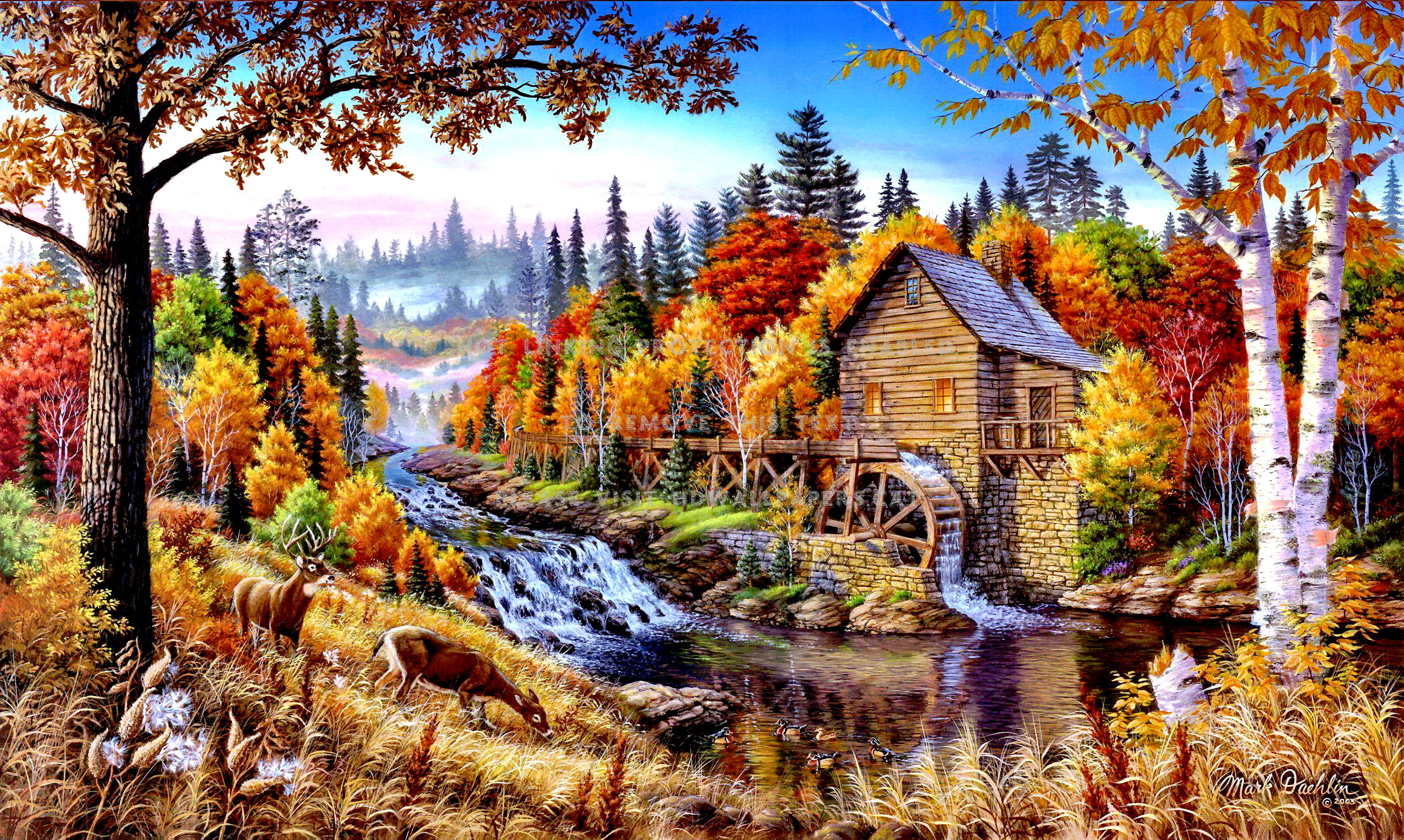 mill in autumn nature art forest sky house