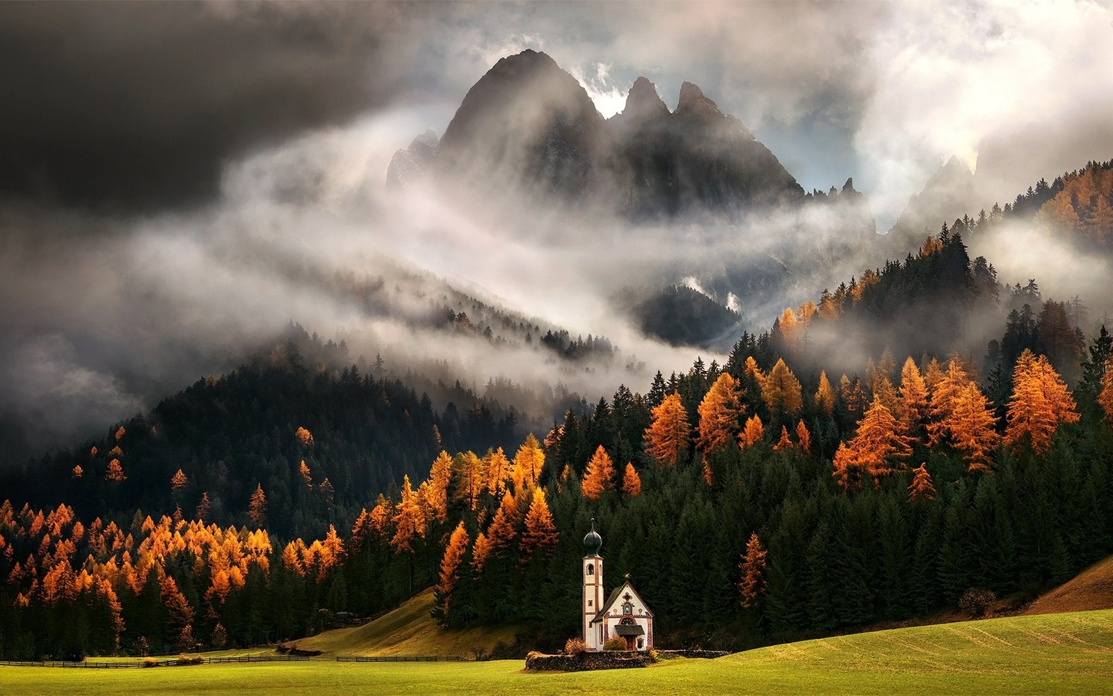 Wallpaper, trees, landscape, forest, fall, mountains, Italy, nature, grass, clouds, morning, mist, church, Alps, wildfire, cloud, tree, autumn, weather, season, atmospheric phenomenon, computer wallpaper, mountain range 1600x1000