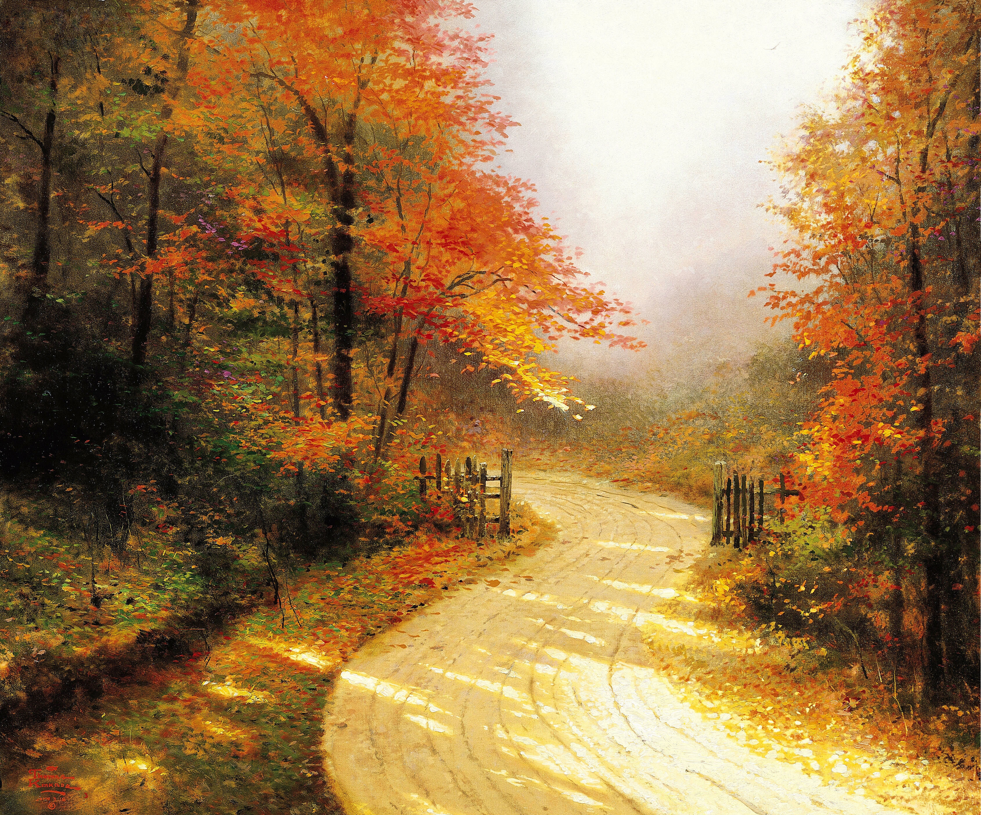 Thomas Kinkade art gold autumn road forest wallpaperx2807