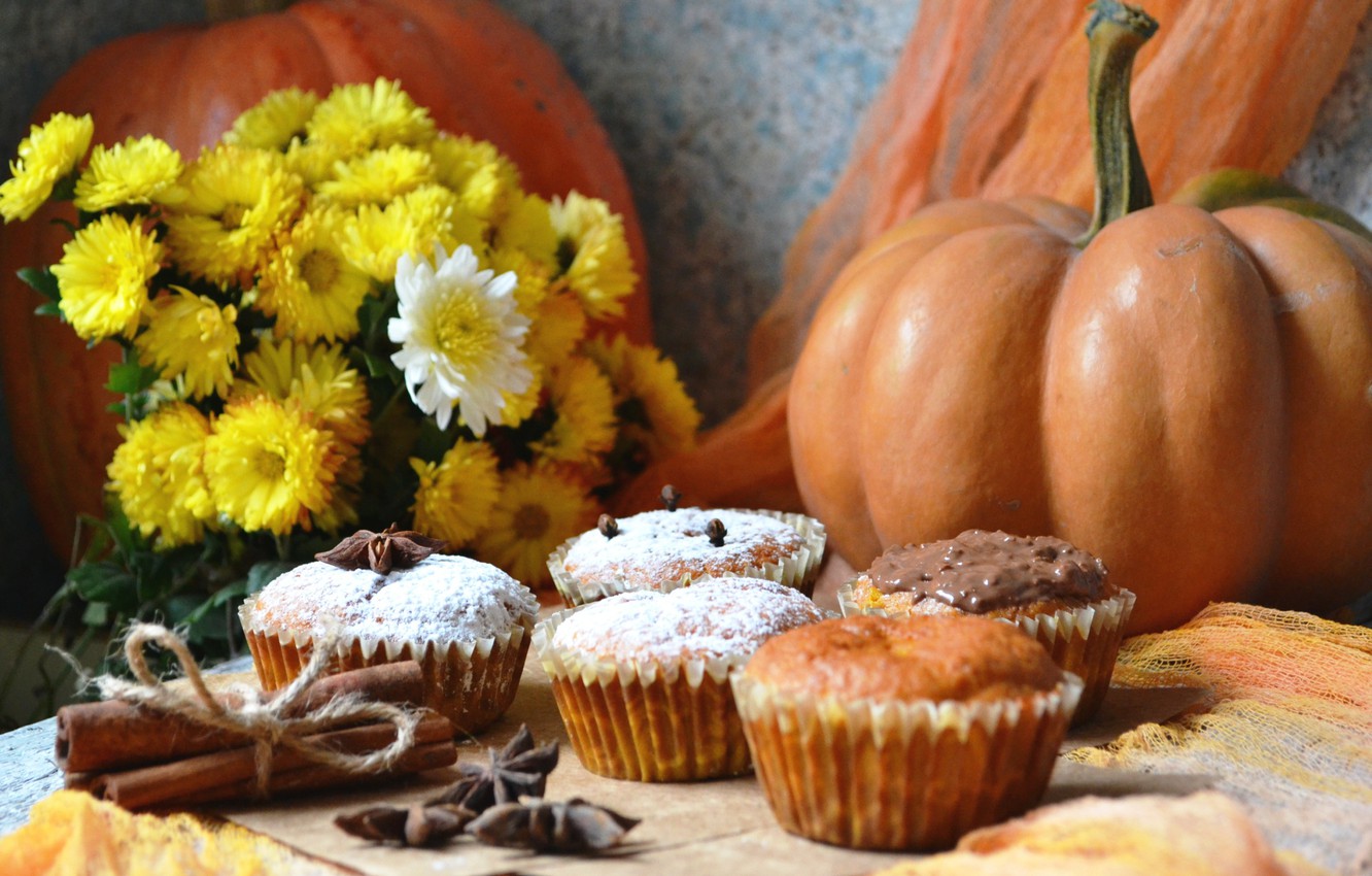 Wallpaper autumn, flowers, pumpkin, cinnamon, cakes, cupcakes image for desktop, section еда