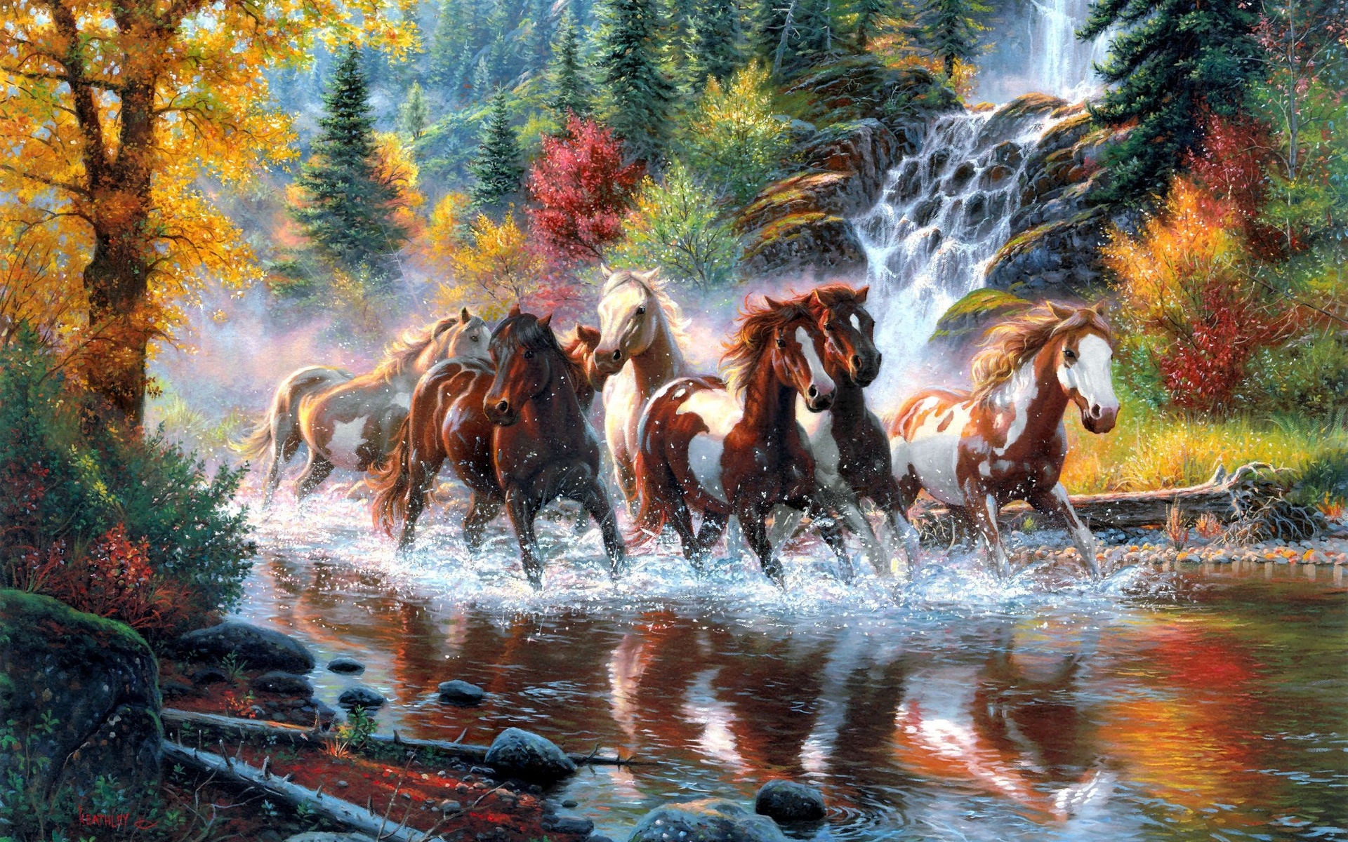 mark, Keathley, Mark keathley, Horses, Paintings, Landscapes, Nature, Trees, Forest, Waterfall, Autumn, Fall, Colors, Rivers, Artistic, Art Wallpaper HD / Desktop and Mobile Background