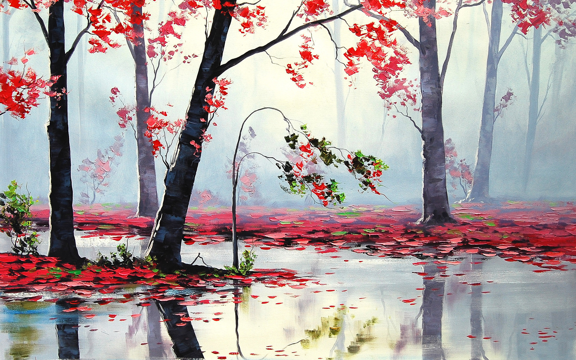 1920x1200 artistic, autumn, fall, forest, landscapes, leaves, nature, paintings, rain, reflection, seasons, trees, wet